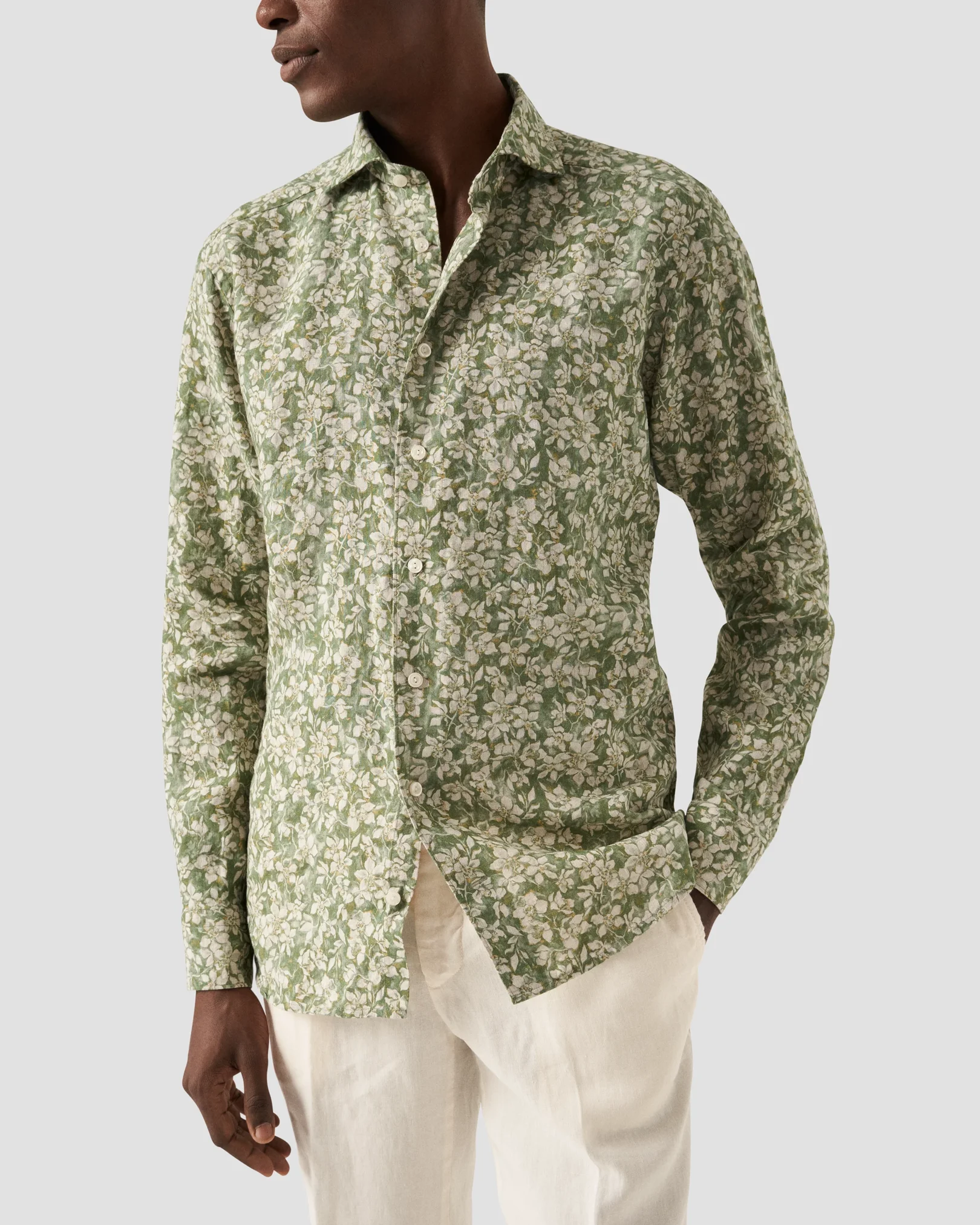 Green Floral Print Linen Shirt - Eton