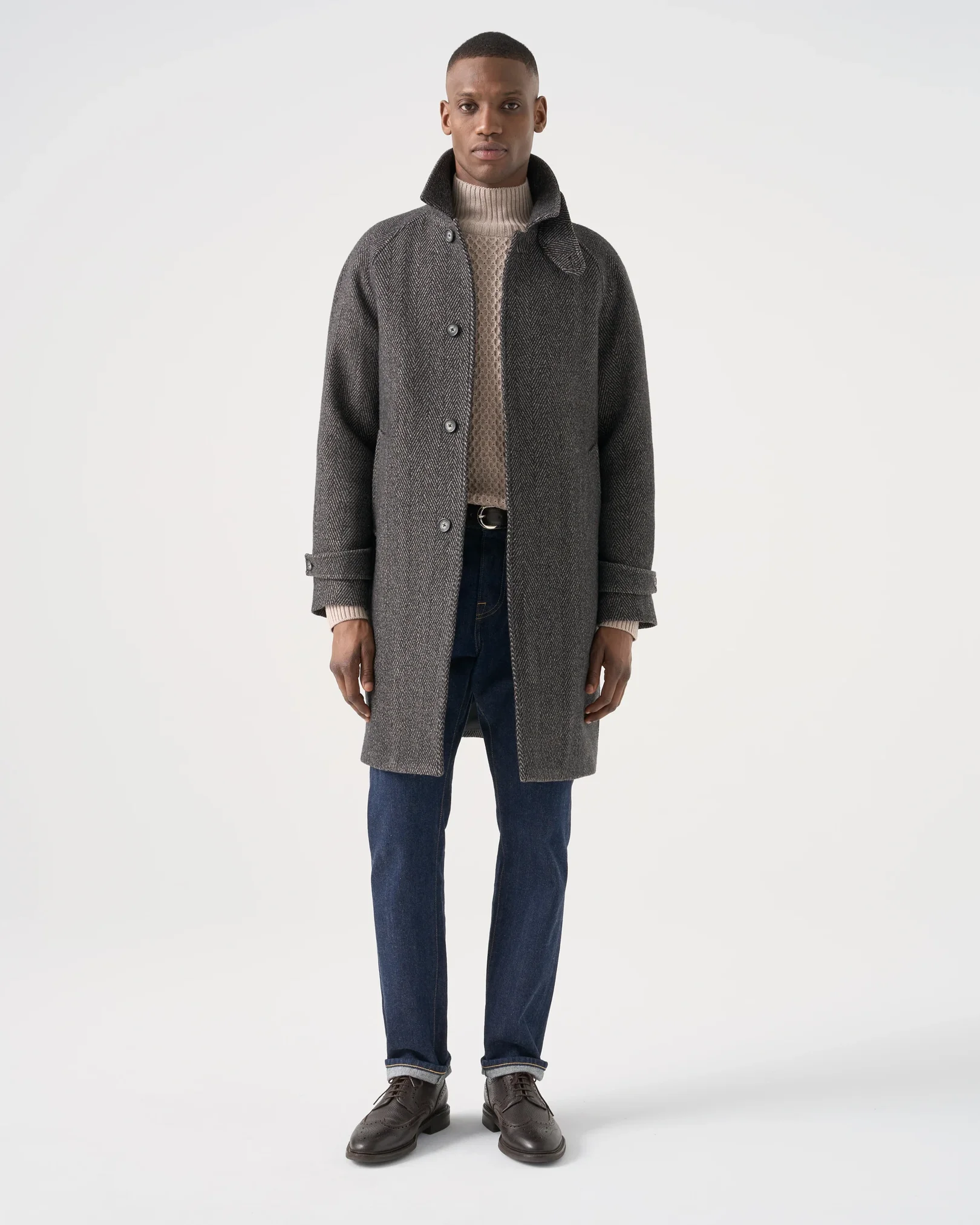 Eton - dark brown wool cashmere herringbone raglan coat