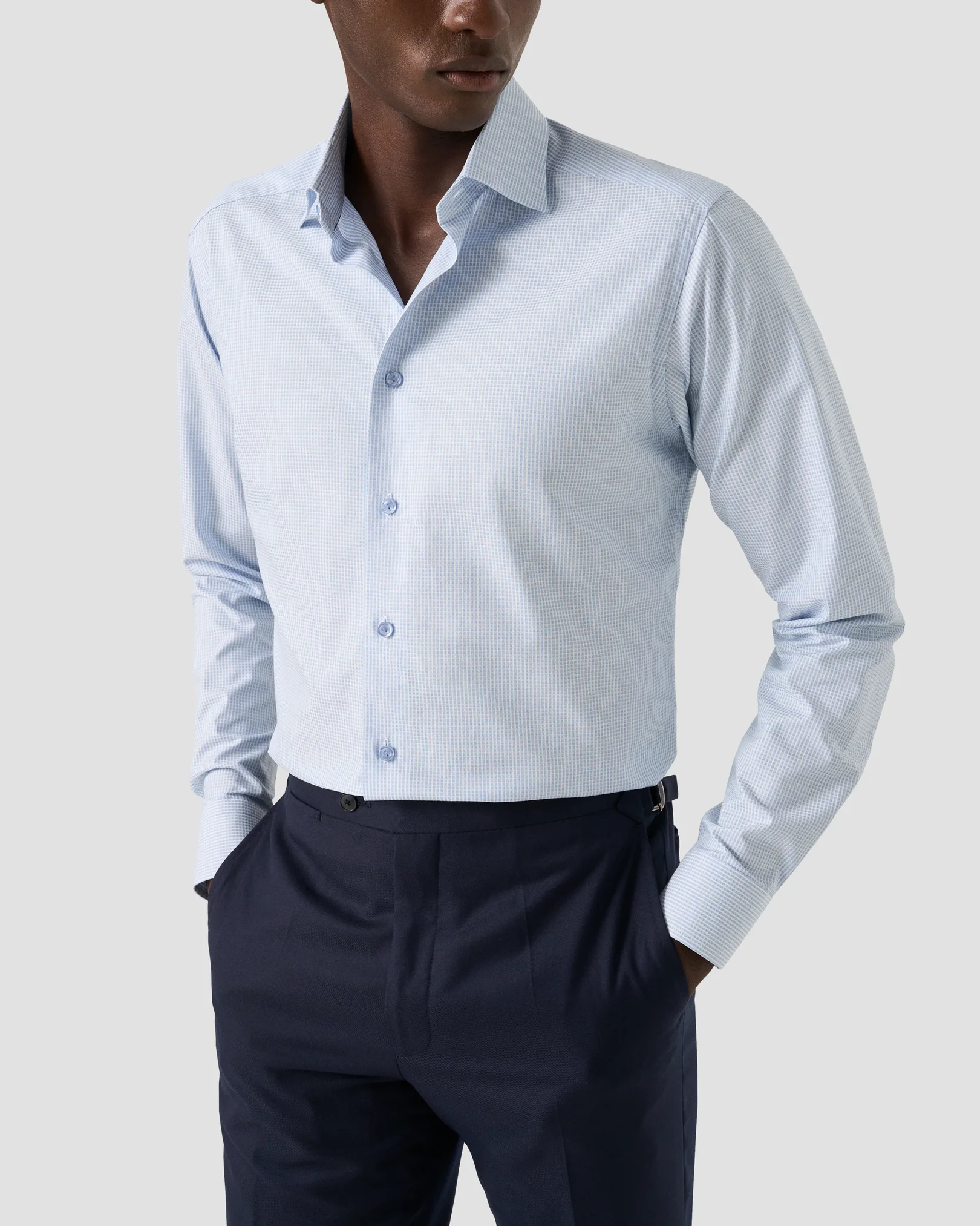 Eton - mid blue check twill shirt