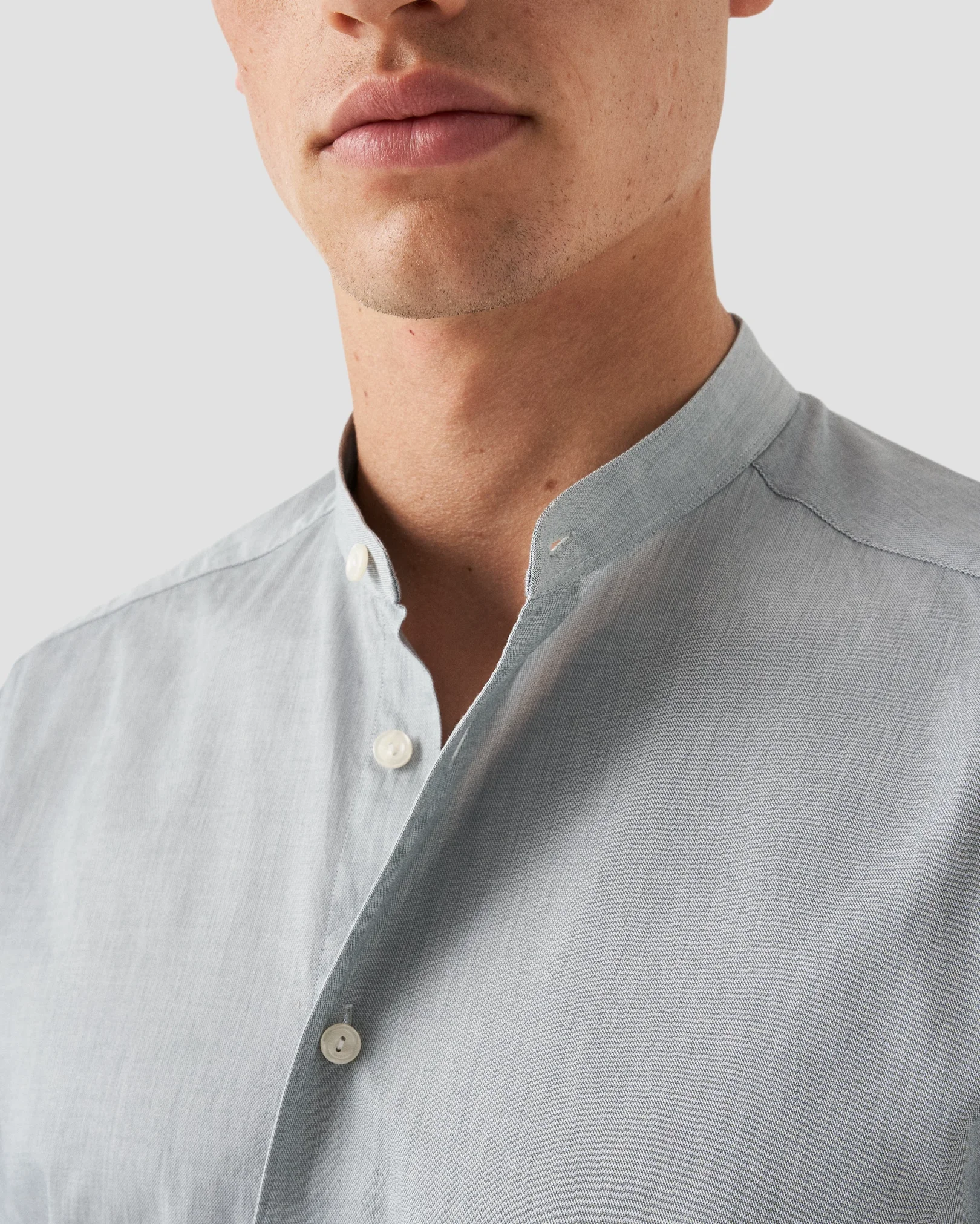 Eton - mid green solid twill band collar shirt