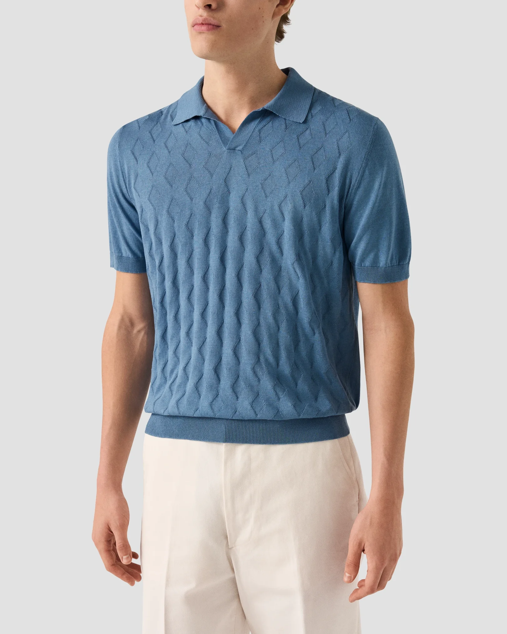 Eton - light blue cotton and silk open collar fine knit polo shirt