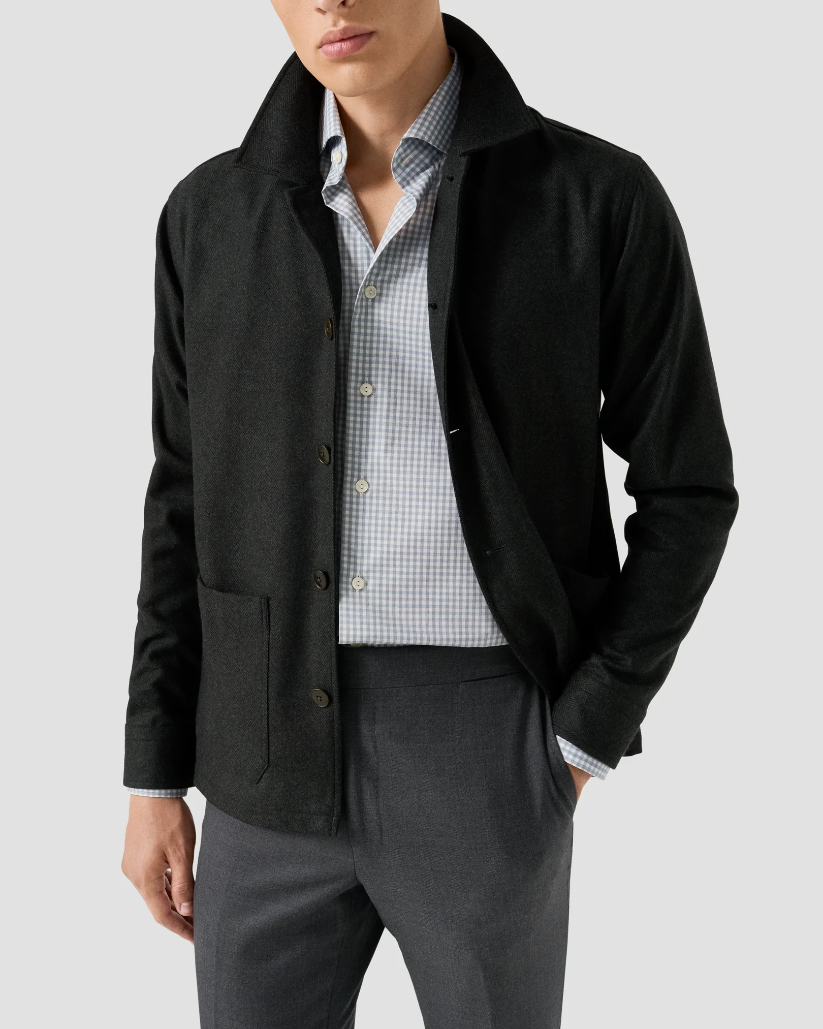 Eton - mid blue check melange twill shirt