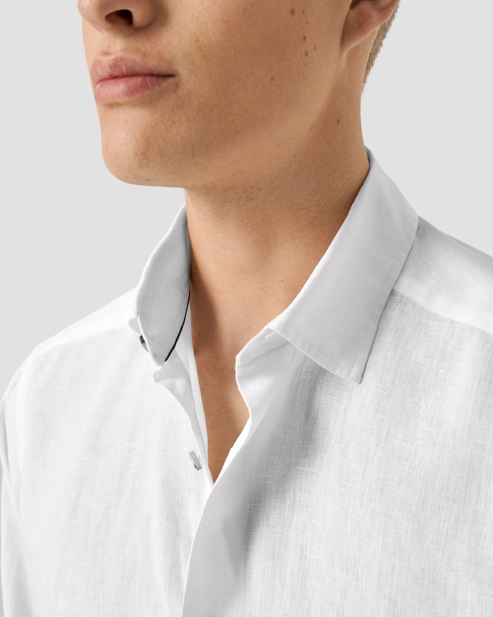 Eton - white solid linen shirt spread collar