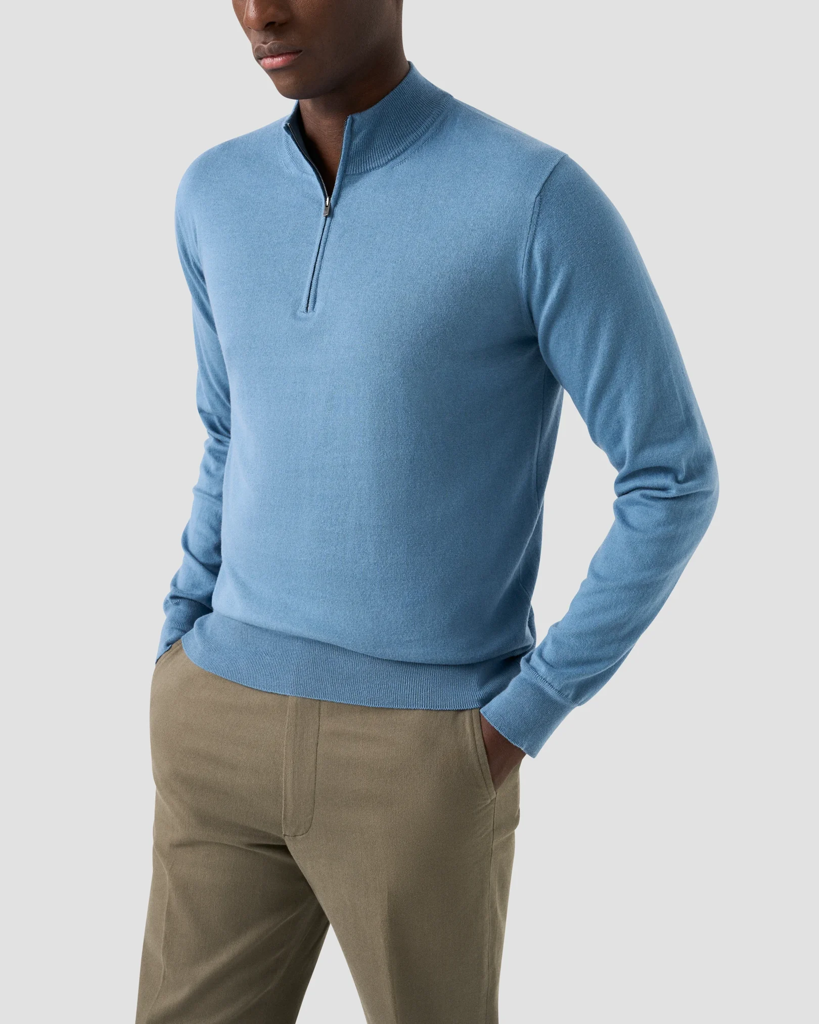 Eton - dark blue cotton and cashmere quarter zip fine knit