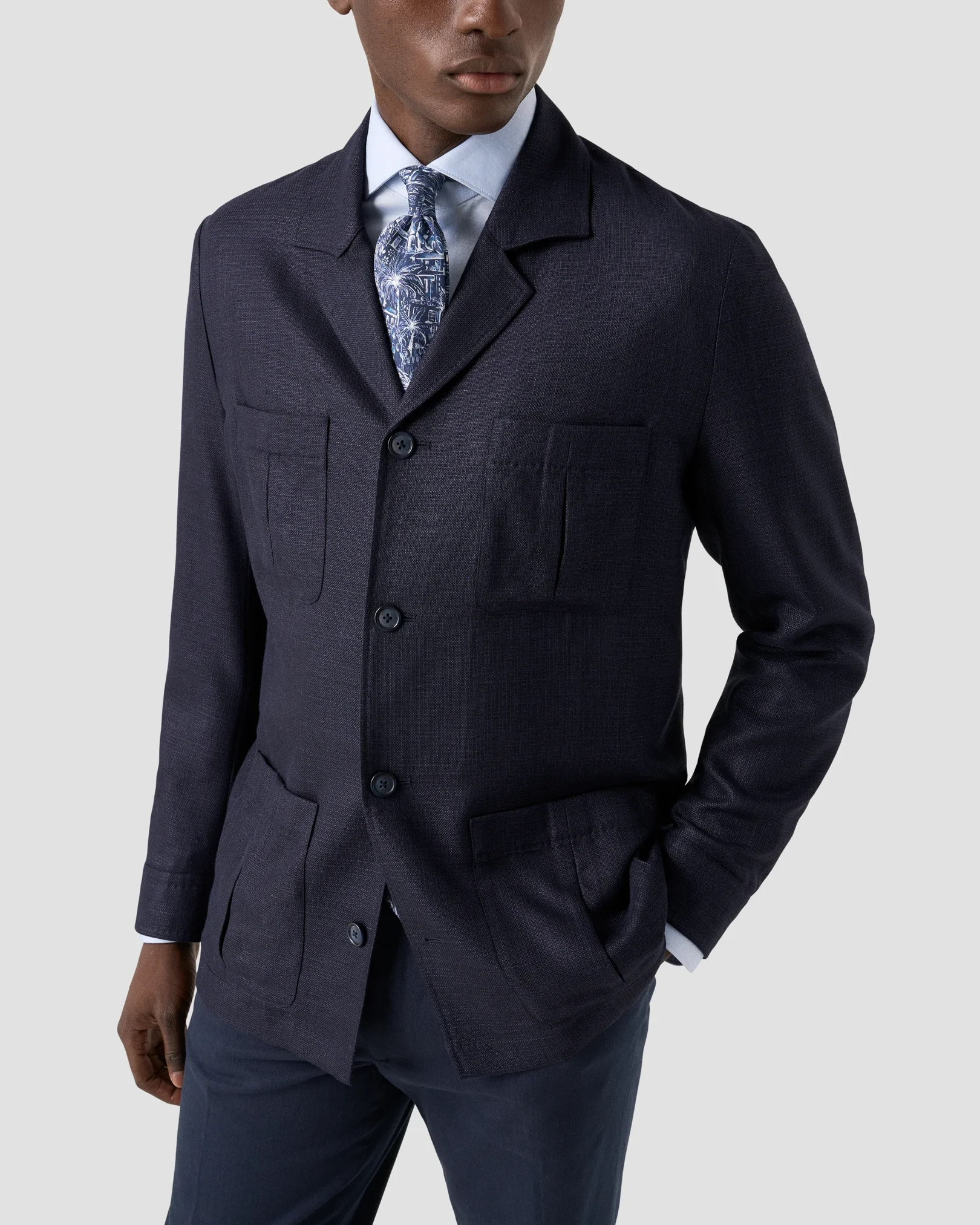 Eton - navy blue sartorial wool silk and linen overshirt