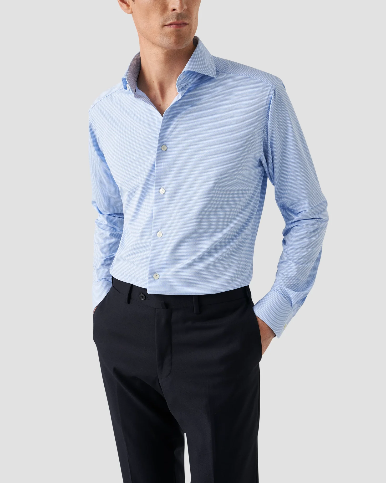 Eton - Chemise à micro-carreaux bleu clair en tissu stretch quadri-extensible