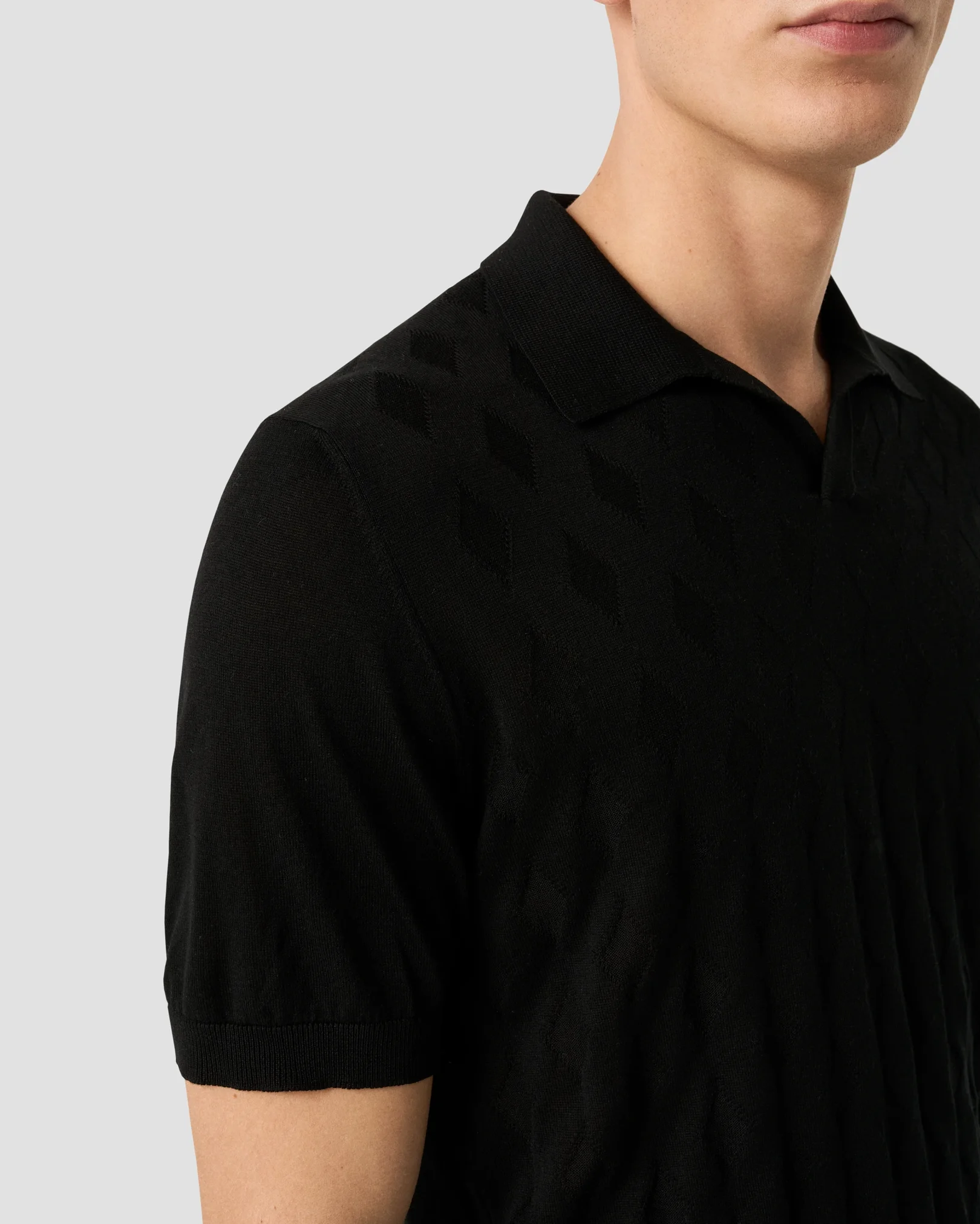 Eton - black cotton and silk open collar fine knit