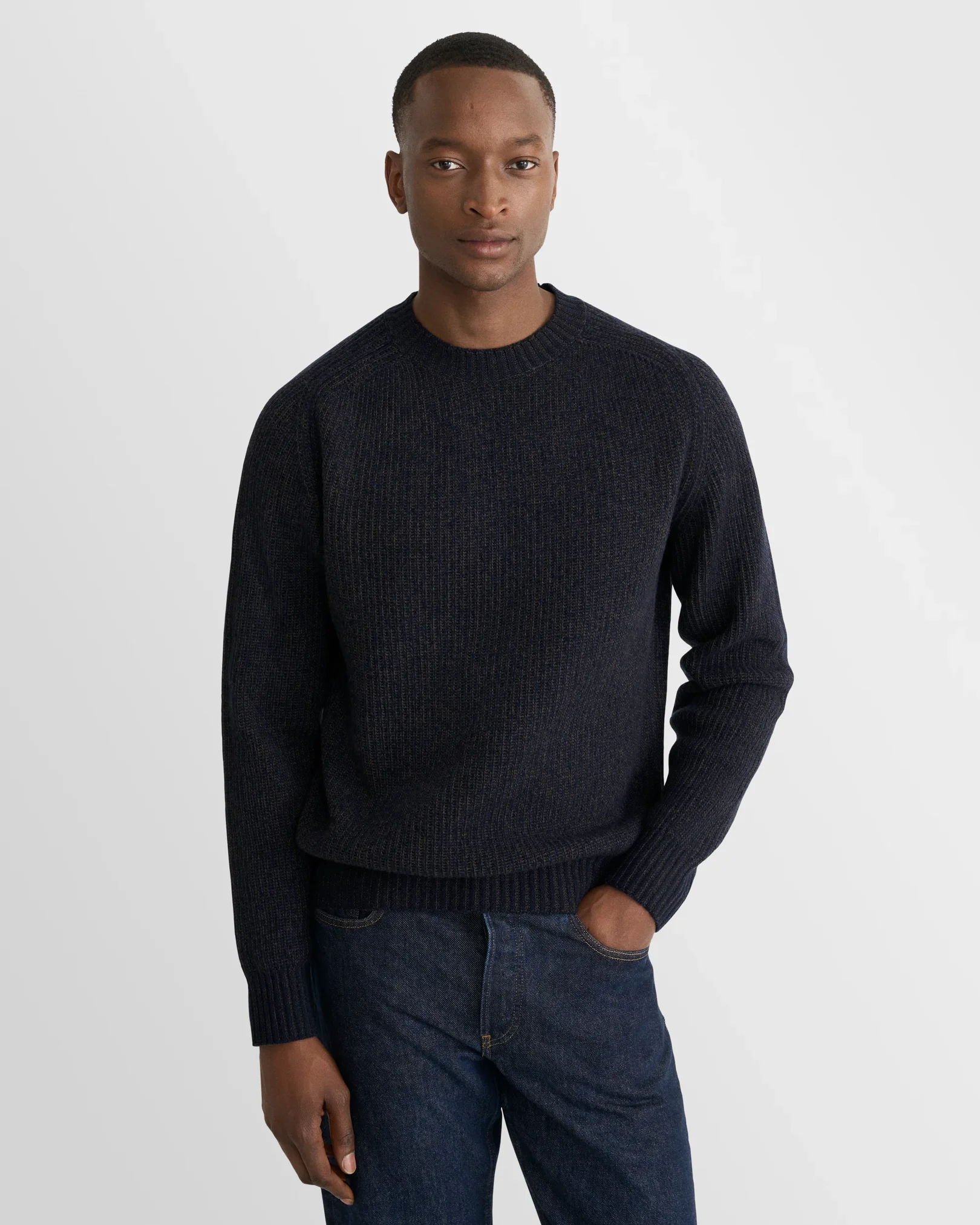 Eton - navy blue wool cashmere mouline crew neck