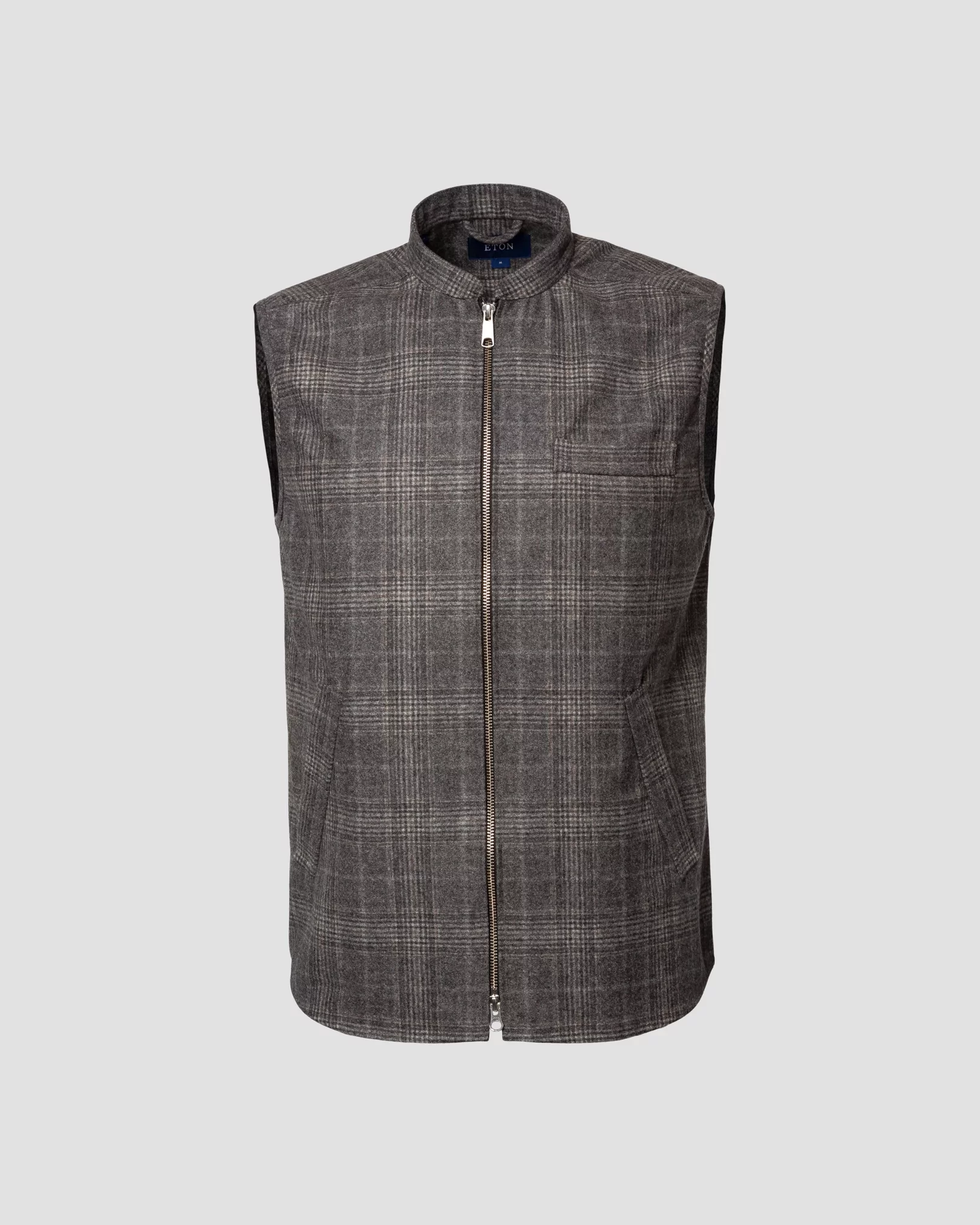 Eton - light grey twill wool cashmere stand collar low vest wool sleeve less vest