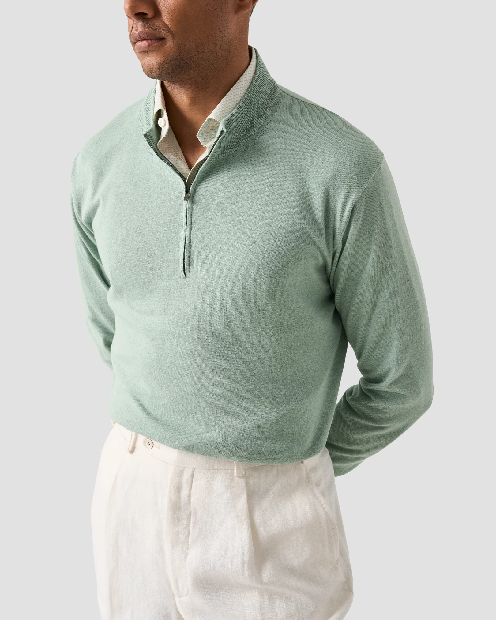 Eton - light green cotton and cashmere quarter zip fine knit