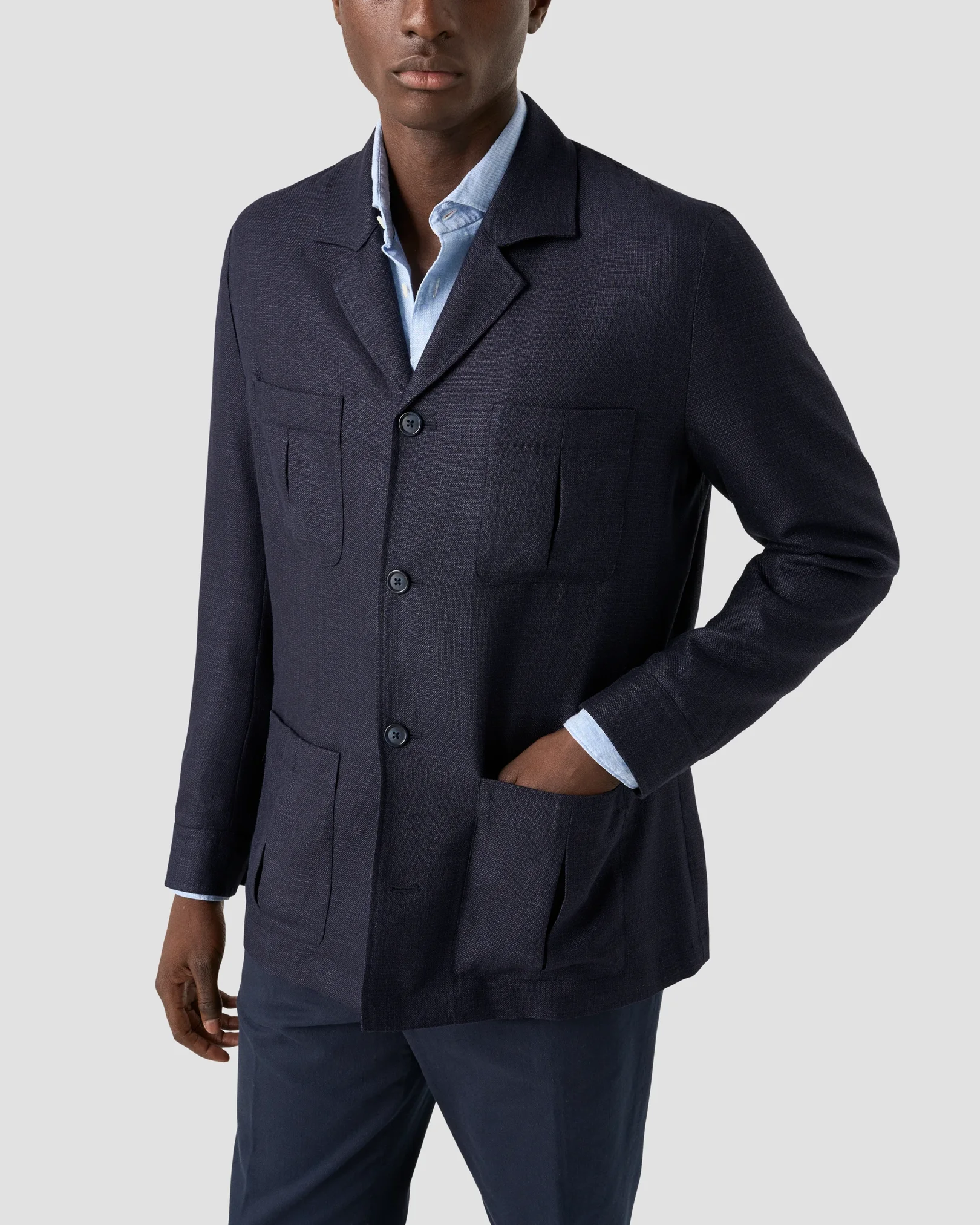 Eton - navy blue sartorial wool silk and linen overshirt