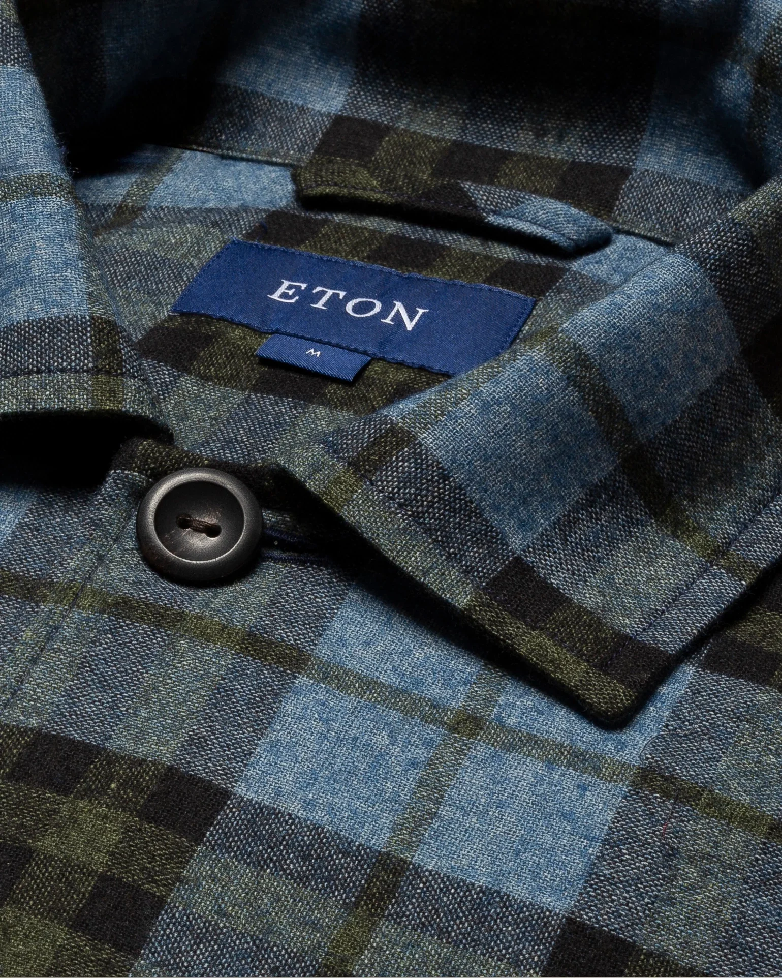 Eton - blue checked cotton wool cashmere overshirt turn down single cuff pointed strap regular