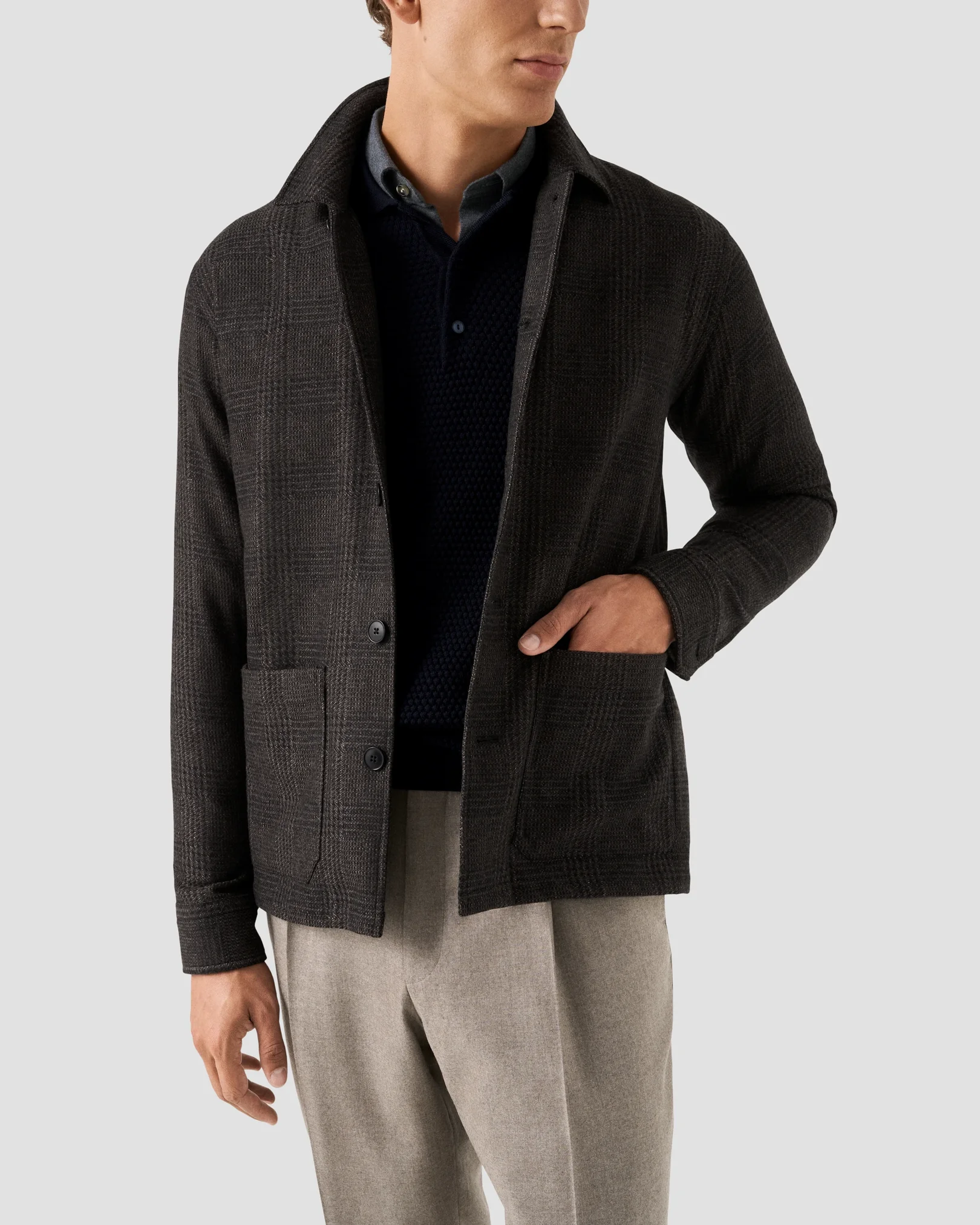 Eton - navy merino structure long sleeve polo