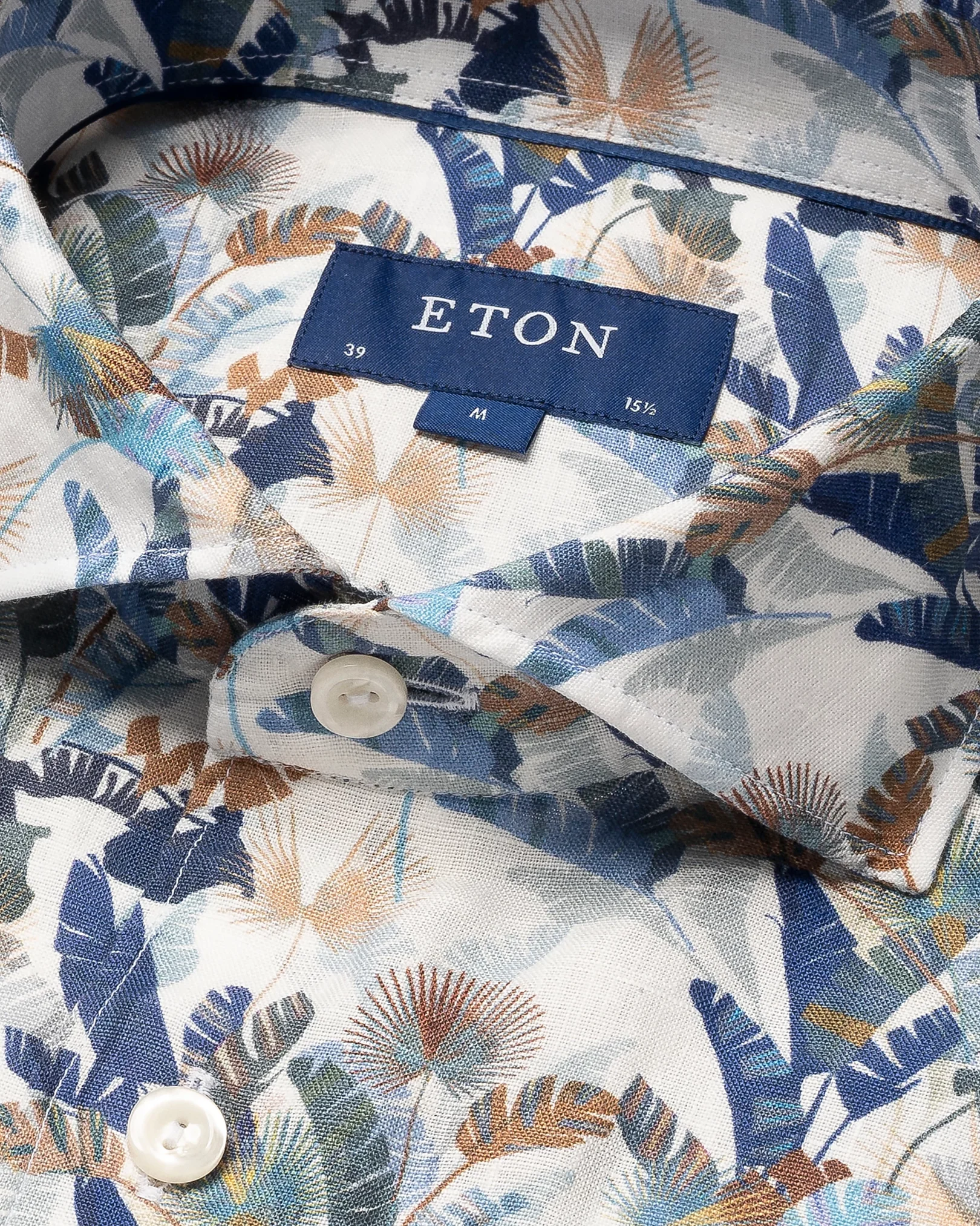 Eton - mid blue linen wide spread collar short sleeve turn up slim fit