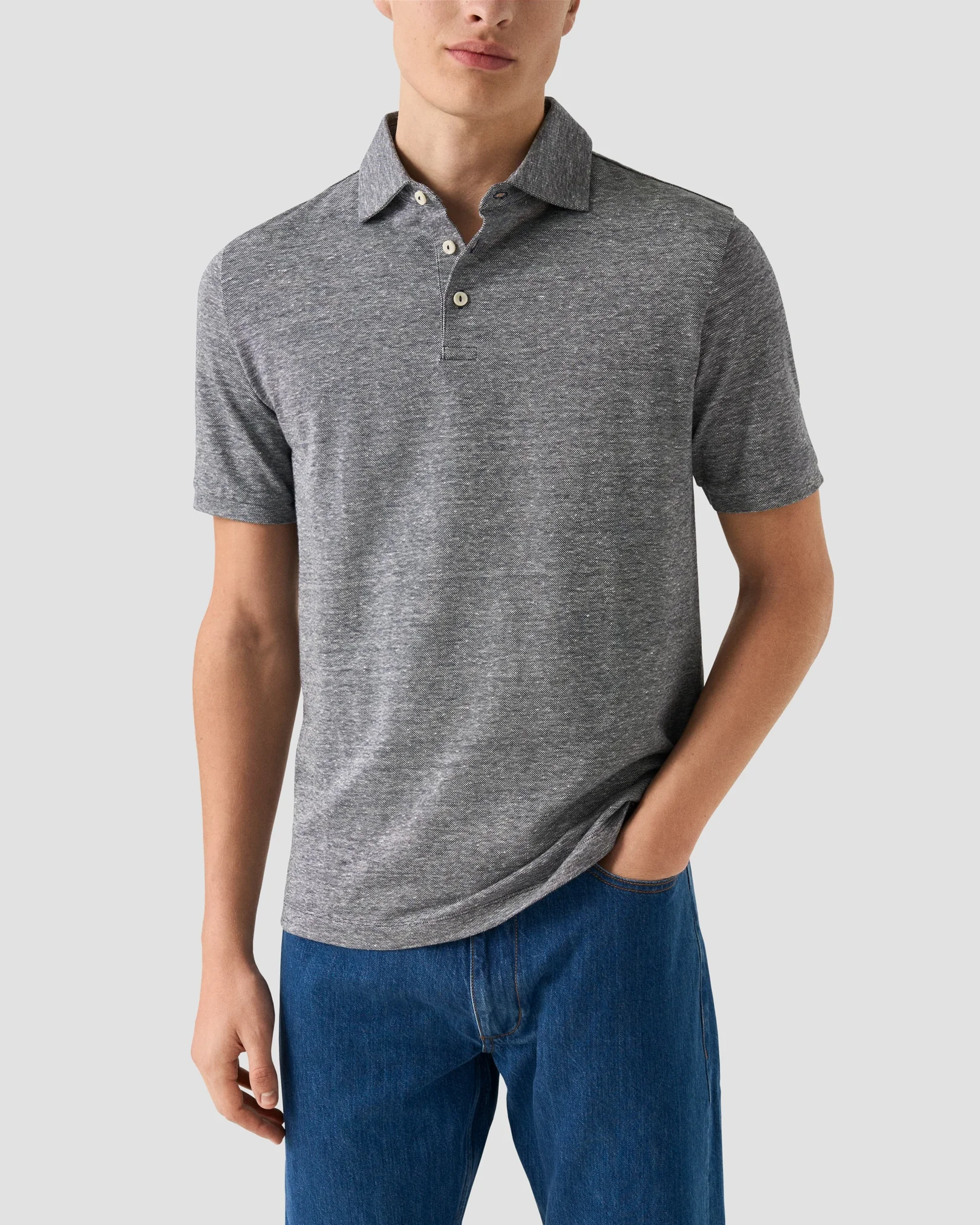 Eton - navy blue cotton linen polo shirt