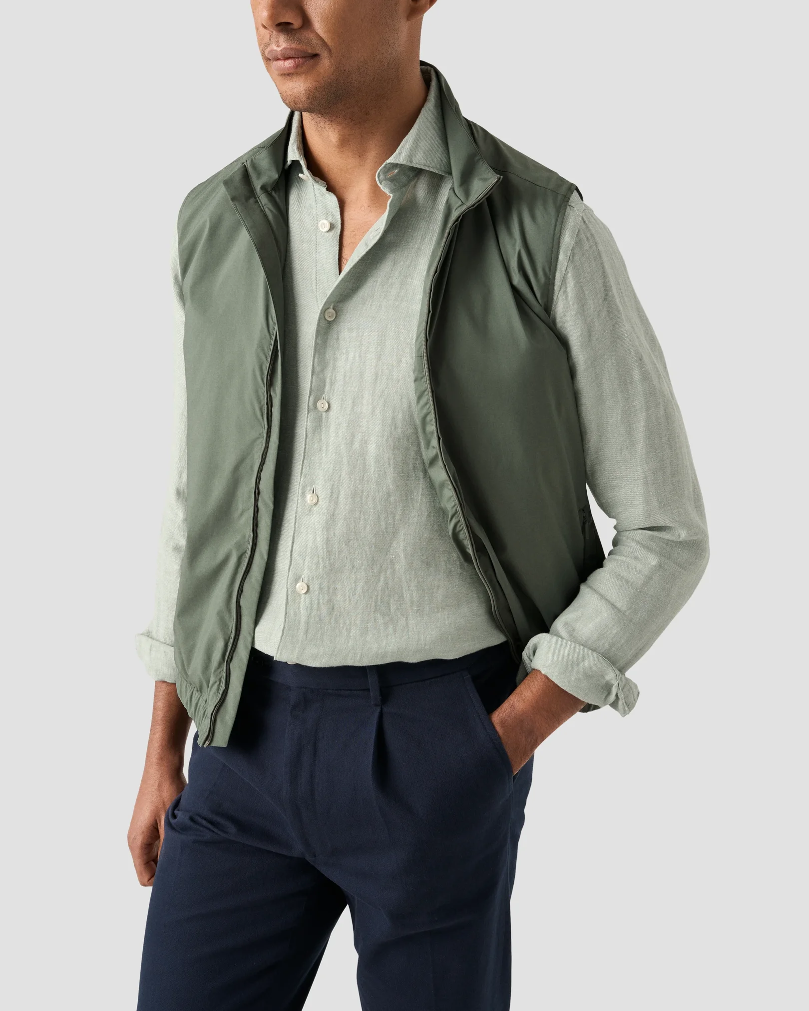 Eton - mid green solid twill linen shirt