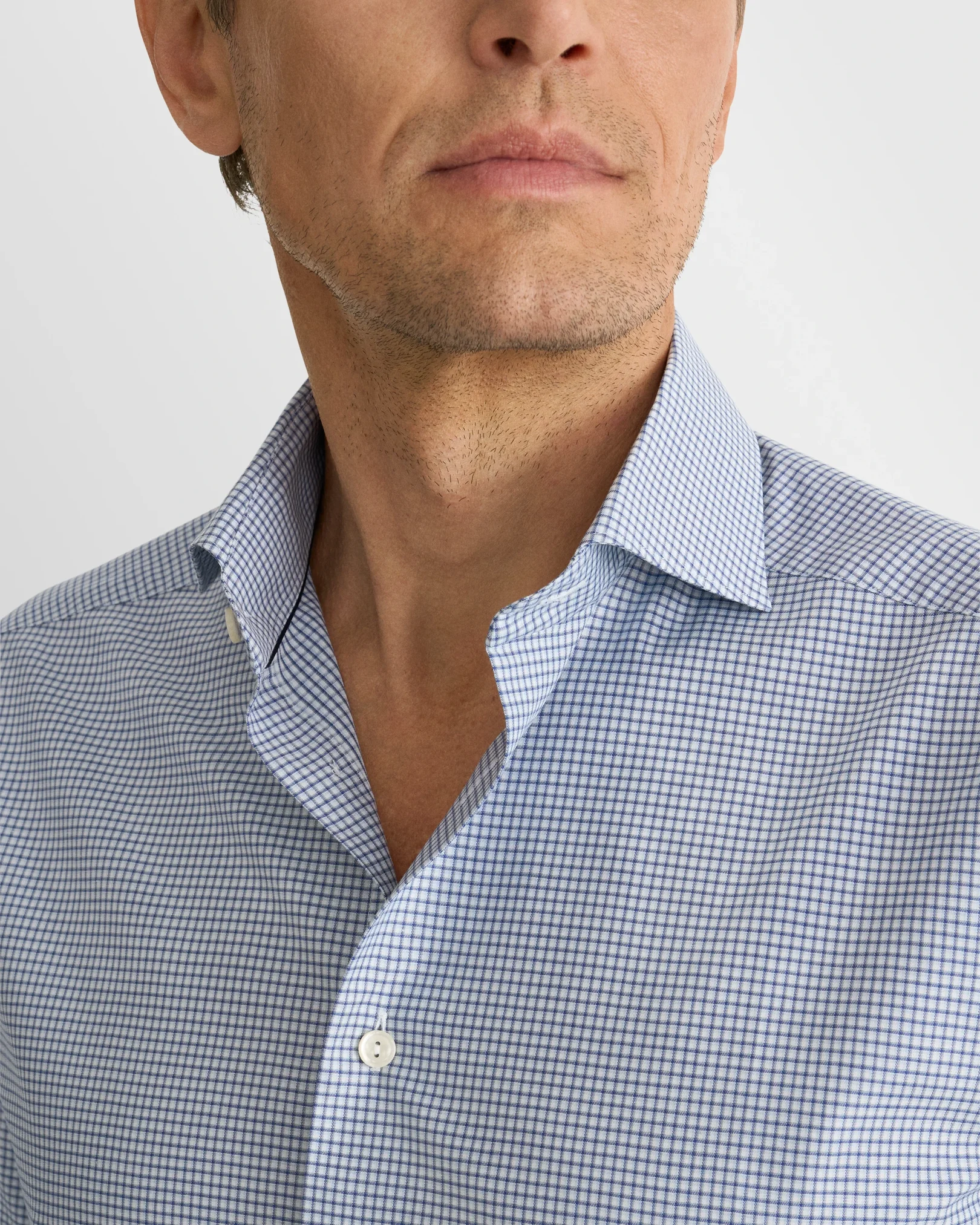 Eton - mid blue check twill shirt wide spread 266