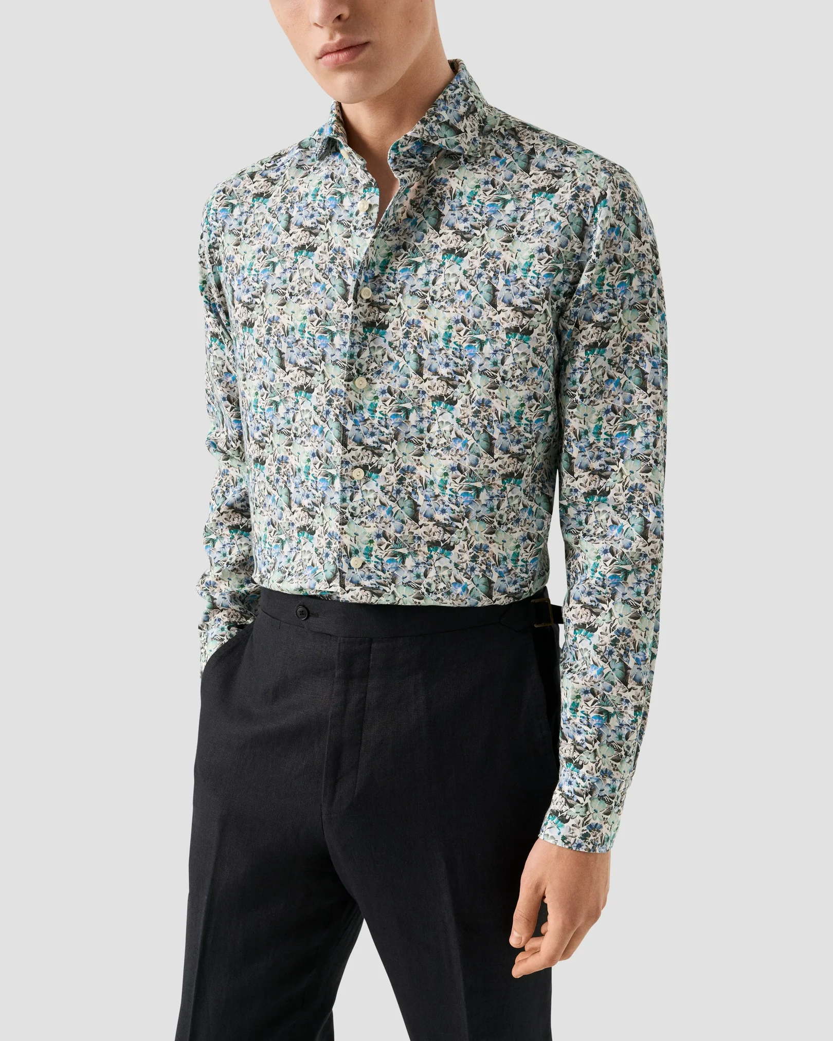 Eton - light blue soft mosaic flower print linen shirt