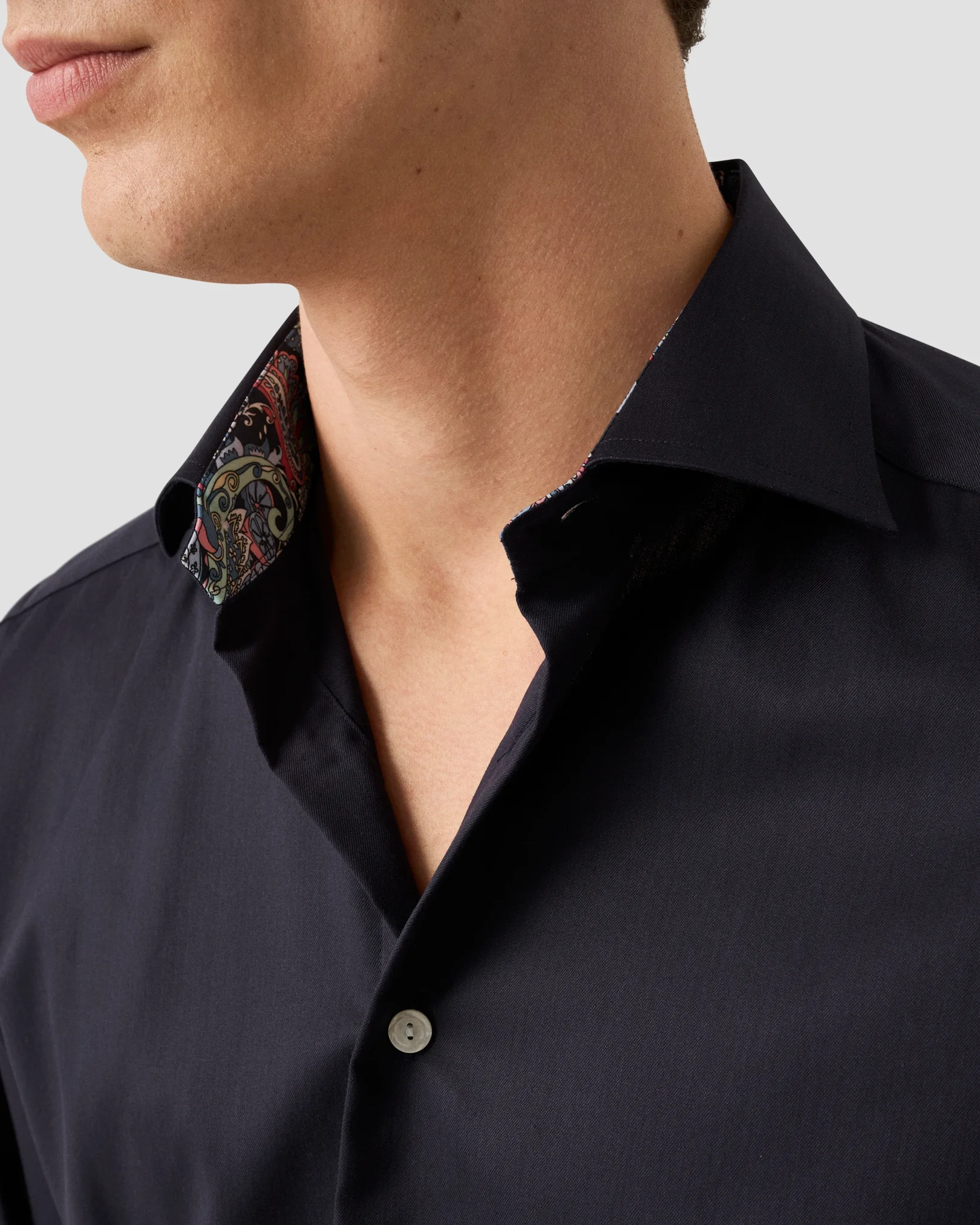 Eton - navy blue solid signature twill paisley effect shirt cut away single slim