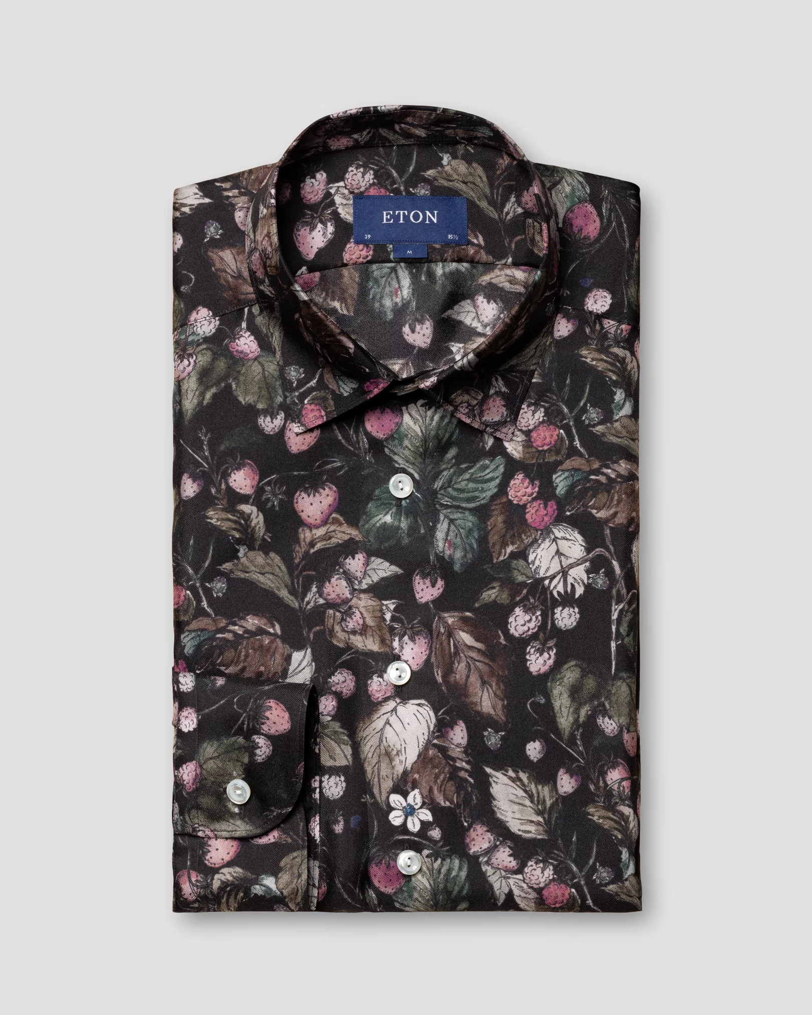 Eton - black strawberry print silk shirt pointed single rounded slim soft