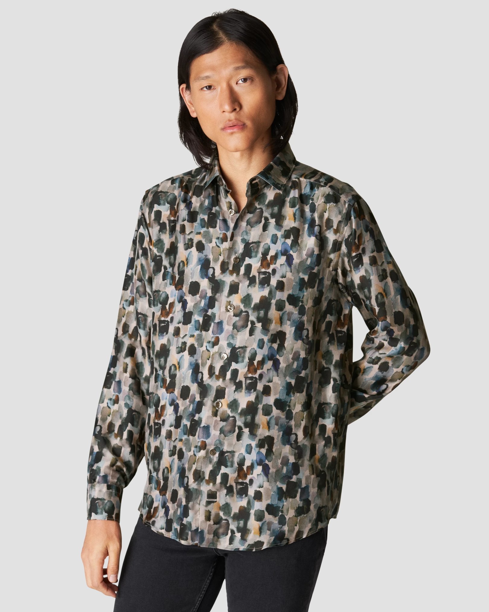 Eton - beige silk twill print shirt