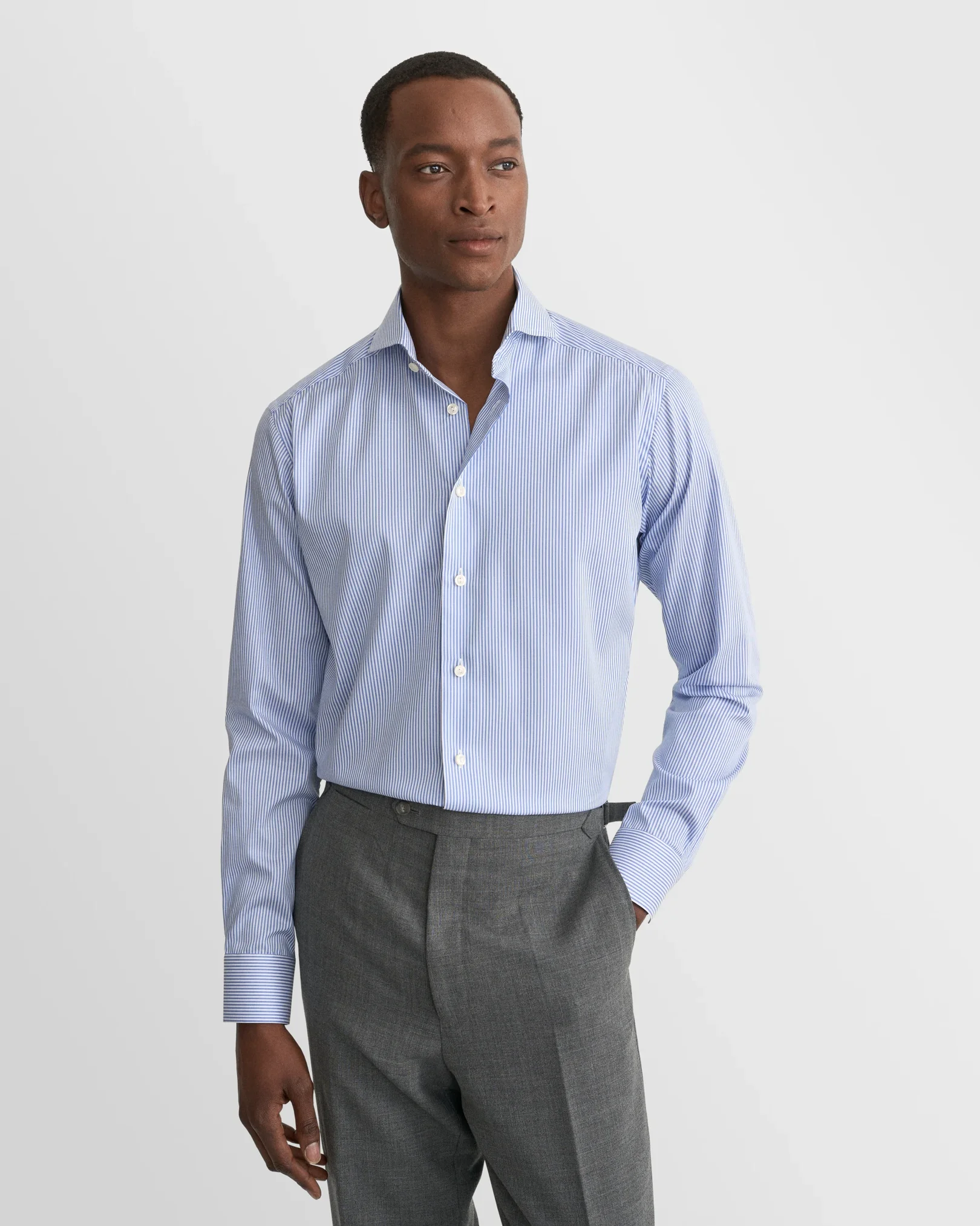 Eton - striped mid blue twill extreme cut away