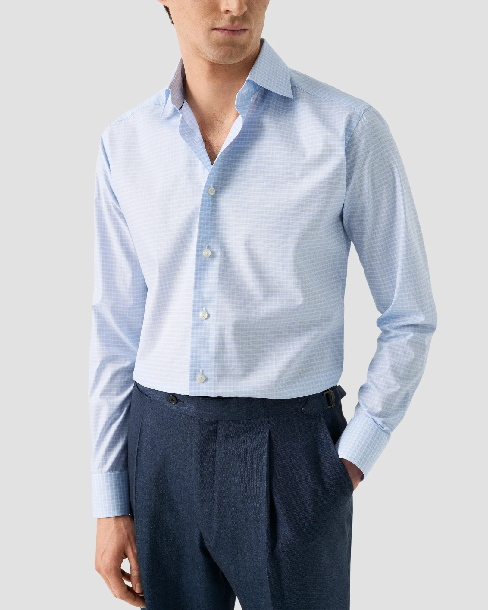 Eton - mid blue check fine twill shirt 261