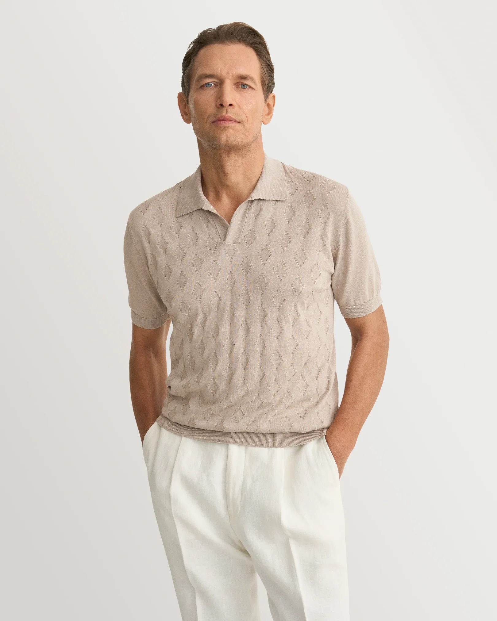 Eton - beige cotton and silk open collar fine knit