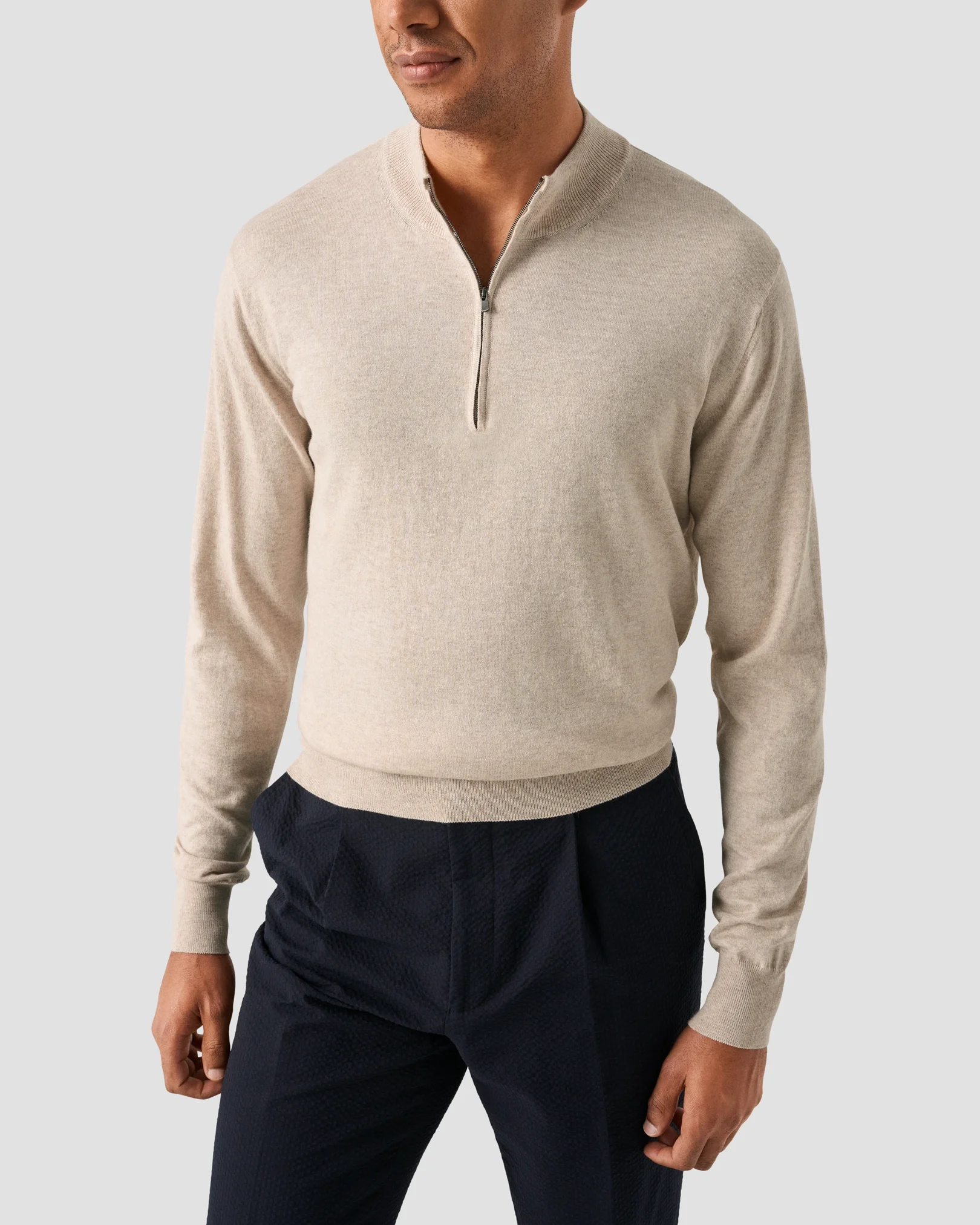 Eton - beige cotton and cashmere quarter zip fine knit