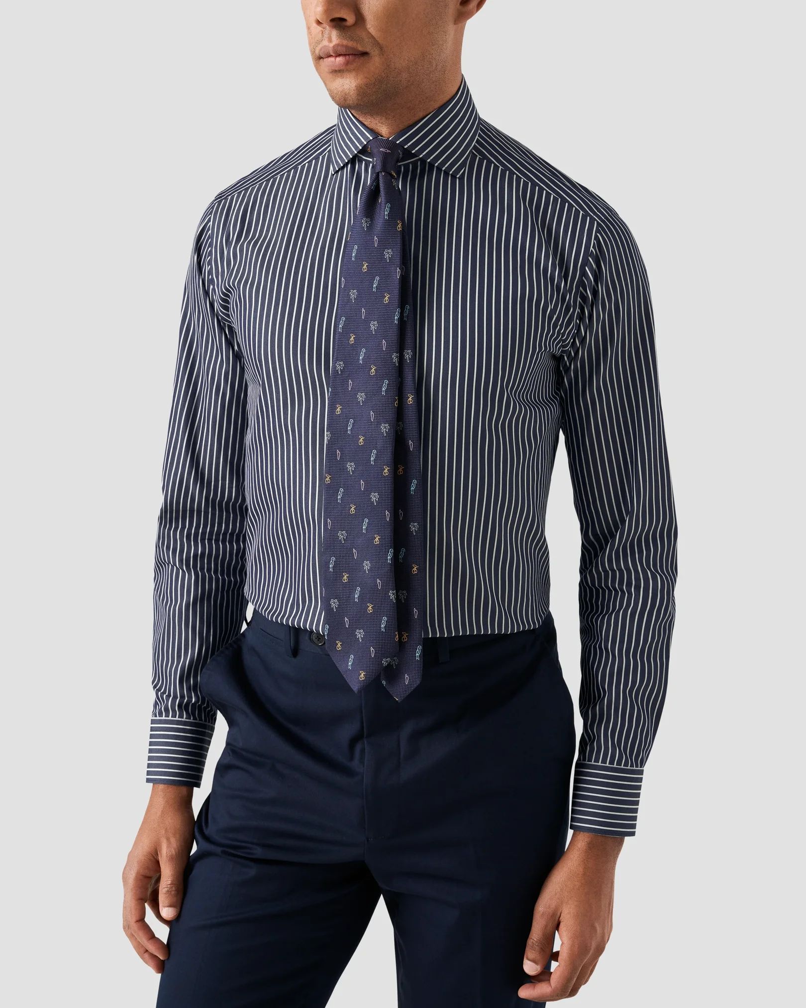 Eton - navy blue cotton and silk stripe shirt