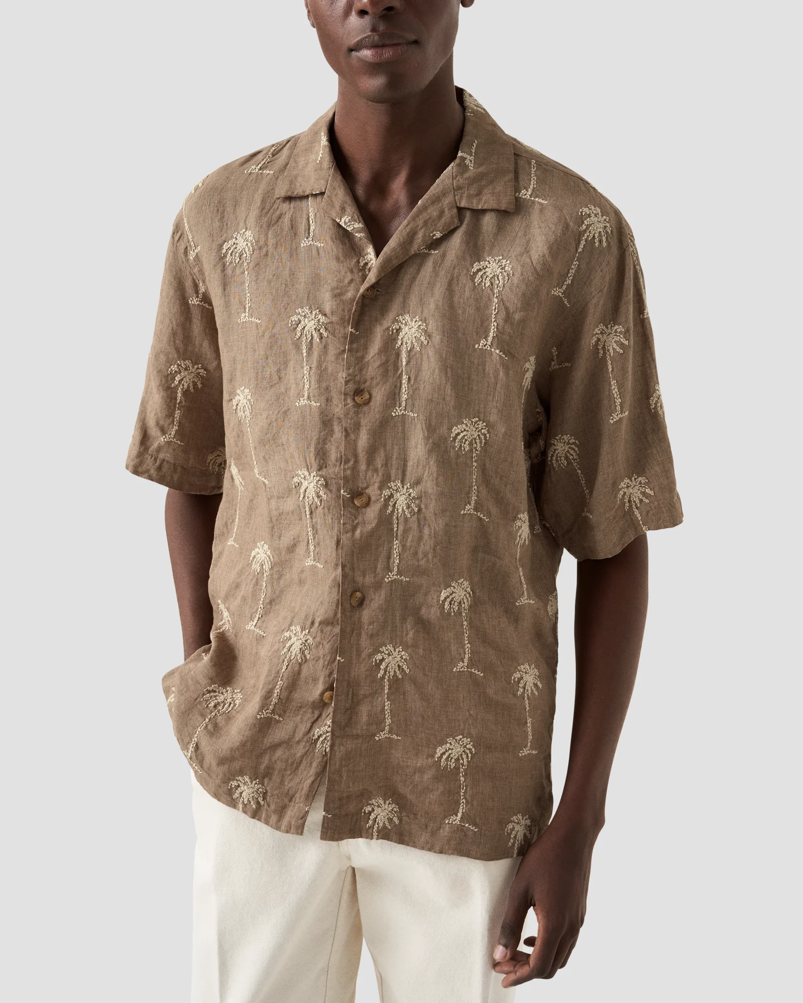 Eton - Brown Palm Tree Embroidery Resort Shirt