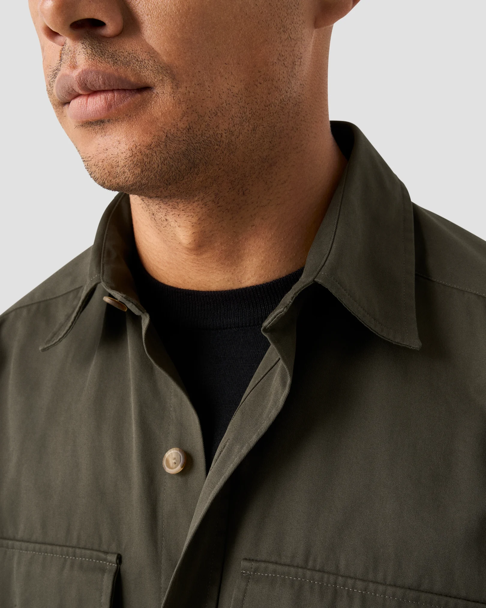 Eton - dark green twill long pointed collar double rounded overshirt