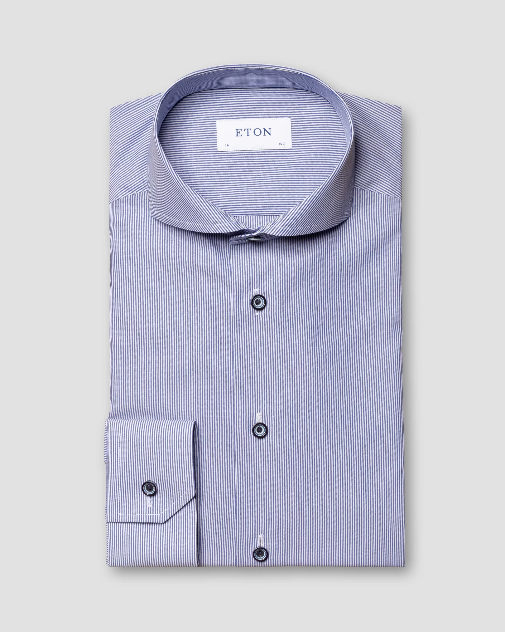 Eton - navy striped poplin shirt navy buttons extreme cut away