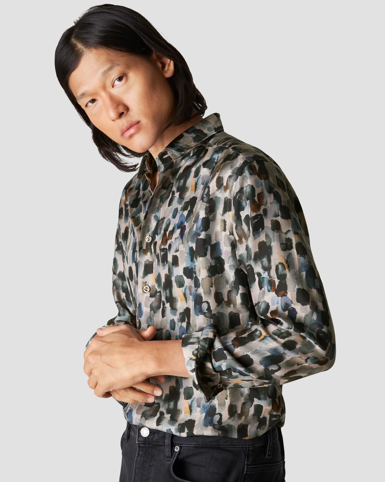 Eton - beige silk twill print shirt