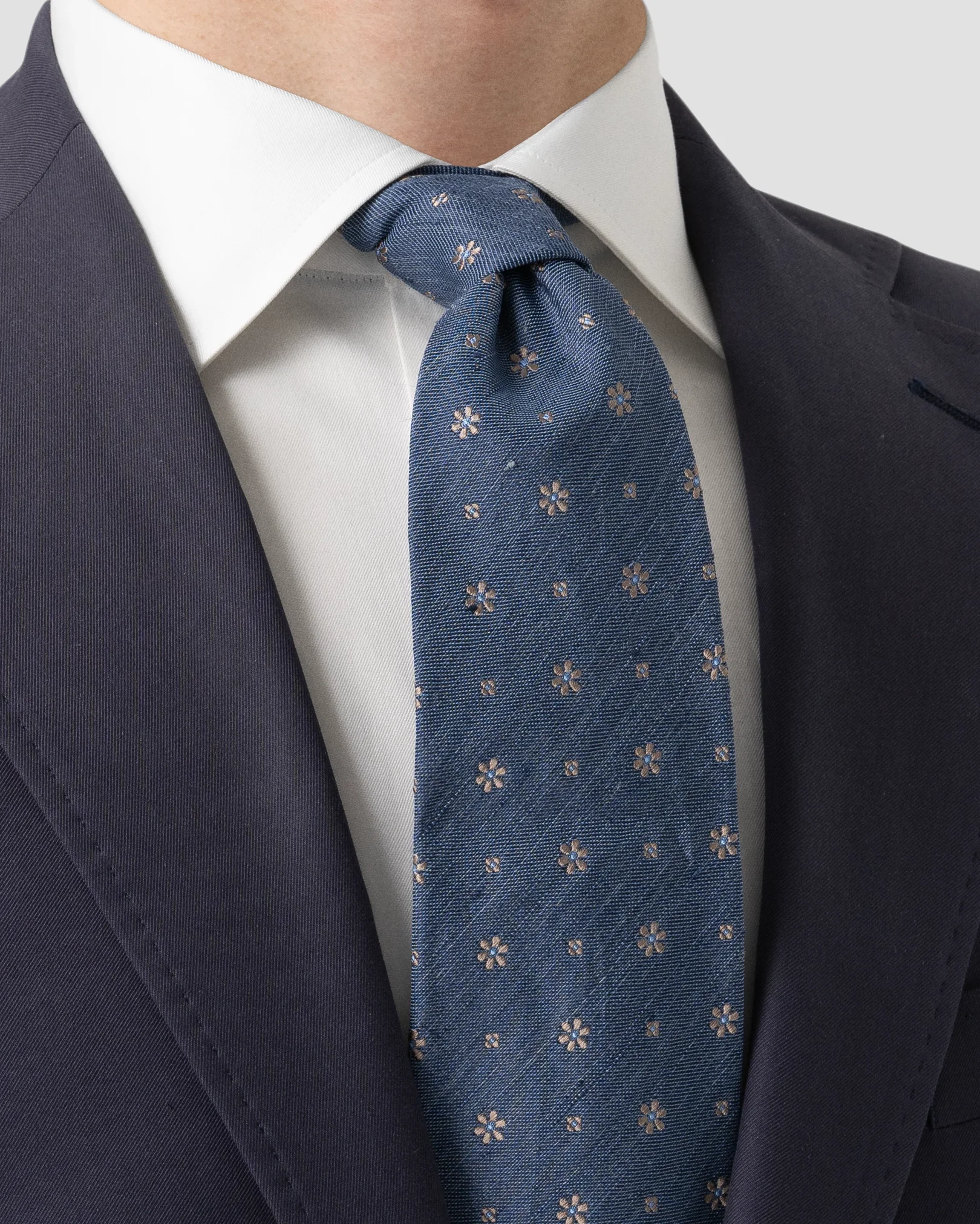 Eton - Blue Floral Print Silk Linen Tie
