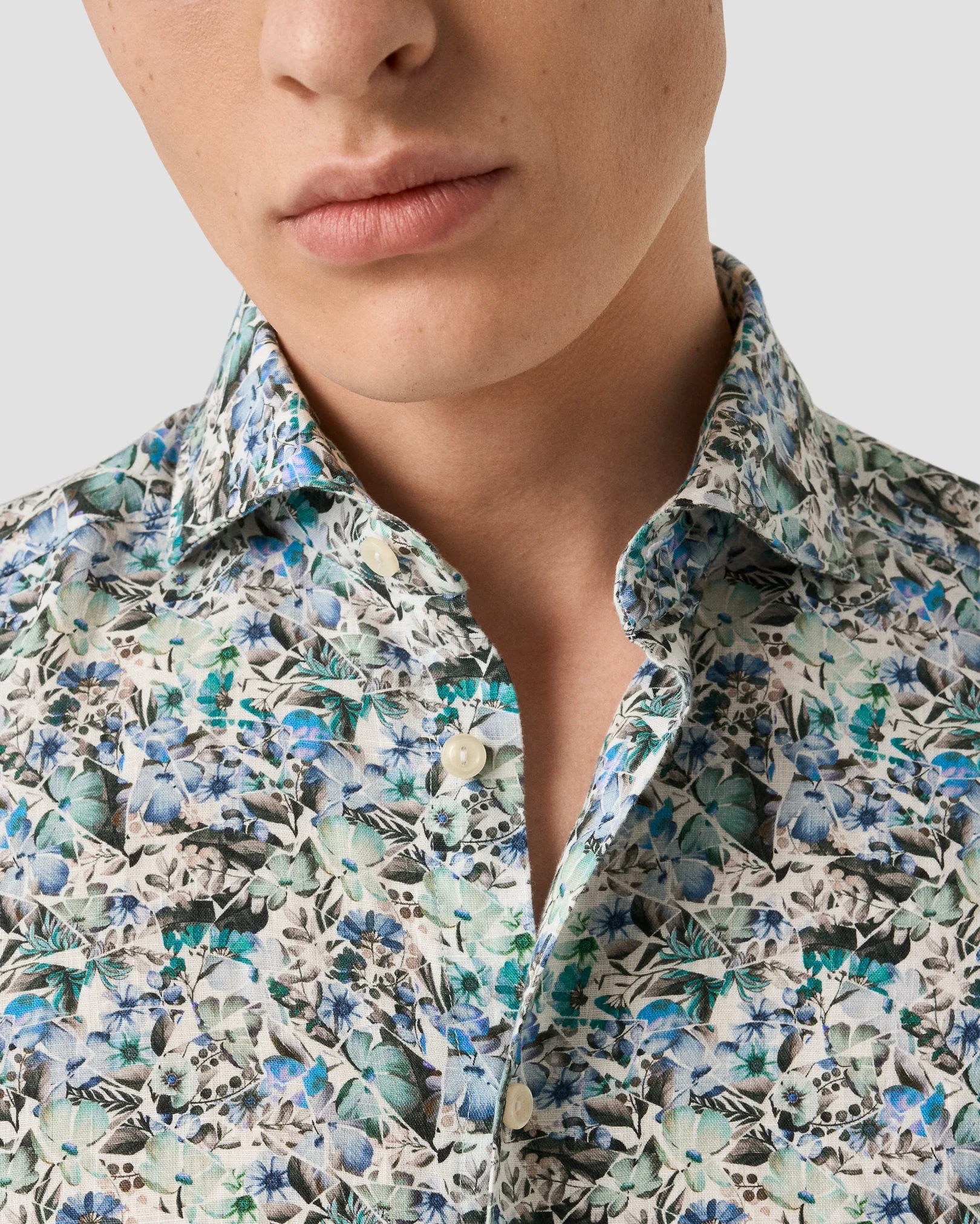 Eton - light blue soft mosaic flower print linen shirt