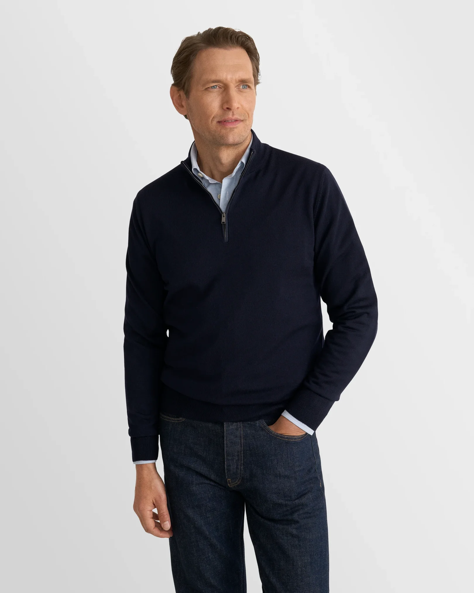 Eton - navy blue merino quarter zip knit sweater