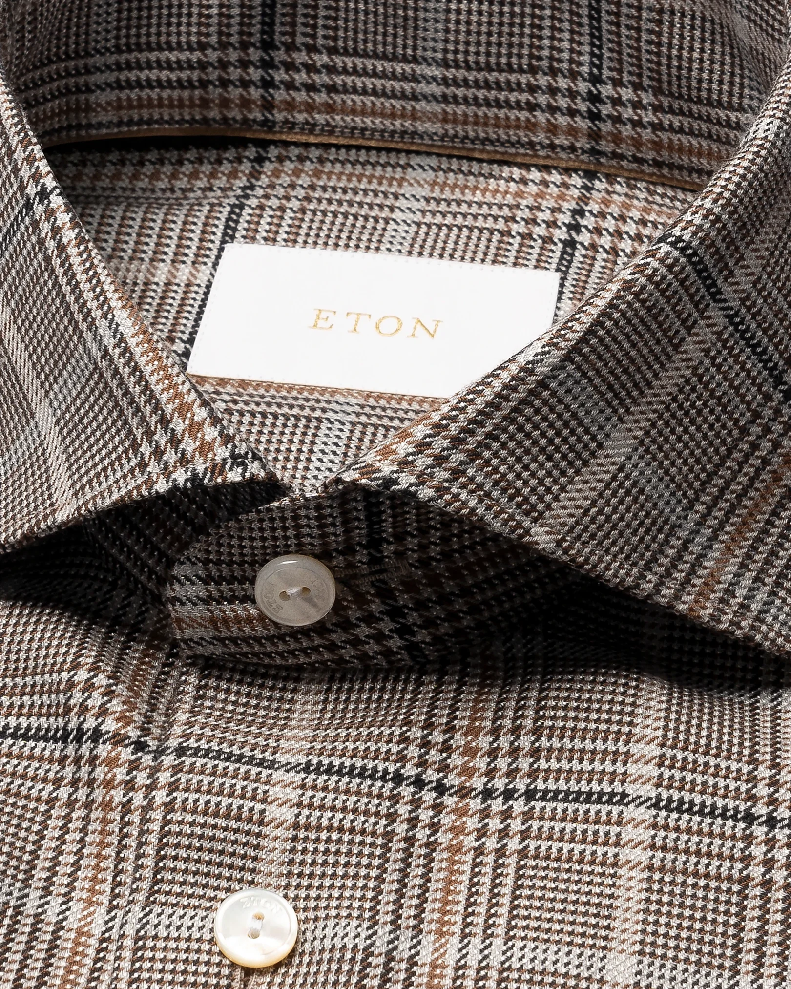 Eton - dark brown plaid check cotton silk cashmere shirt
