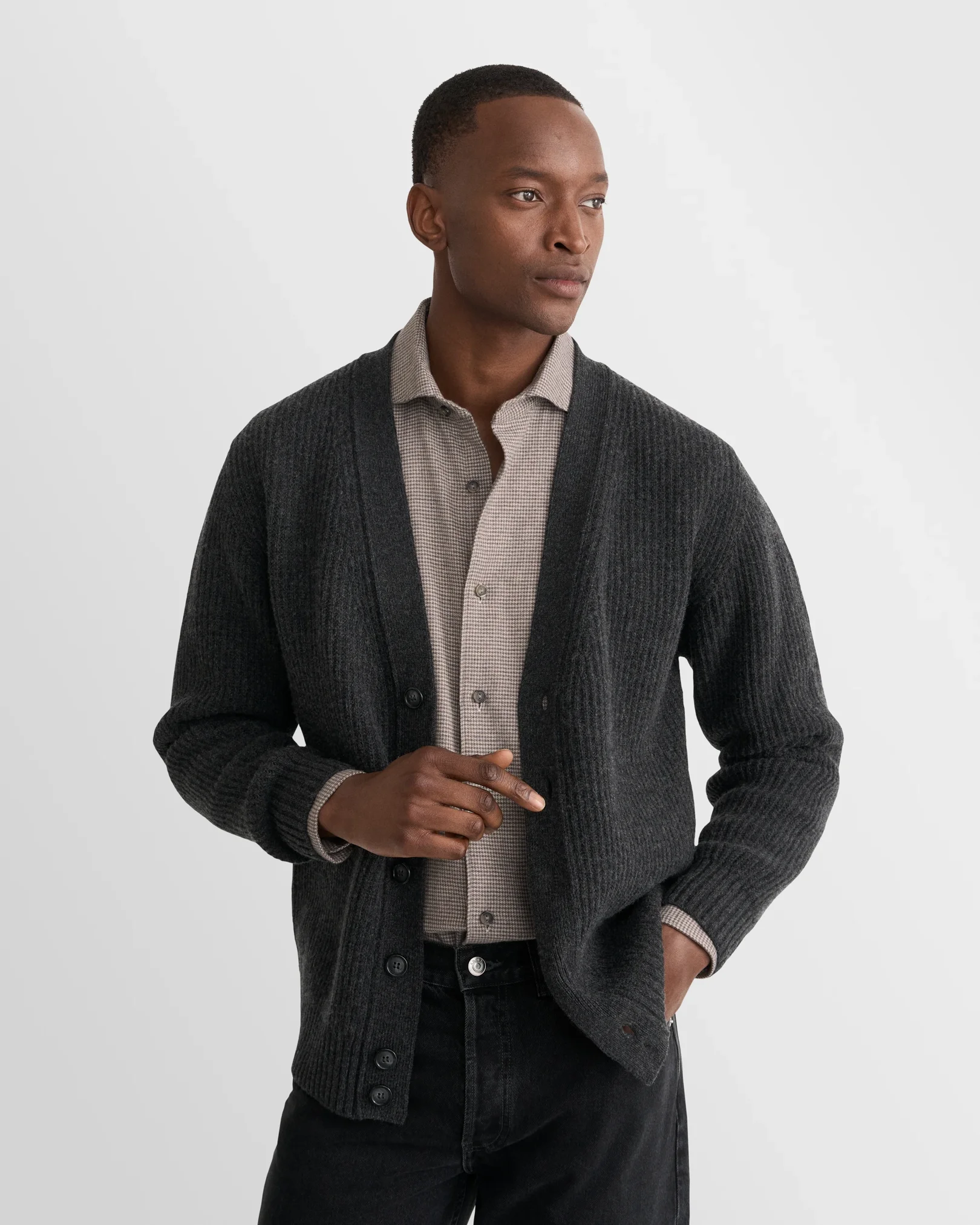 Eton - mid grey houndstooth check flannel shirt