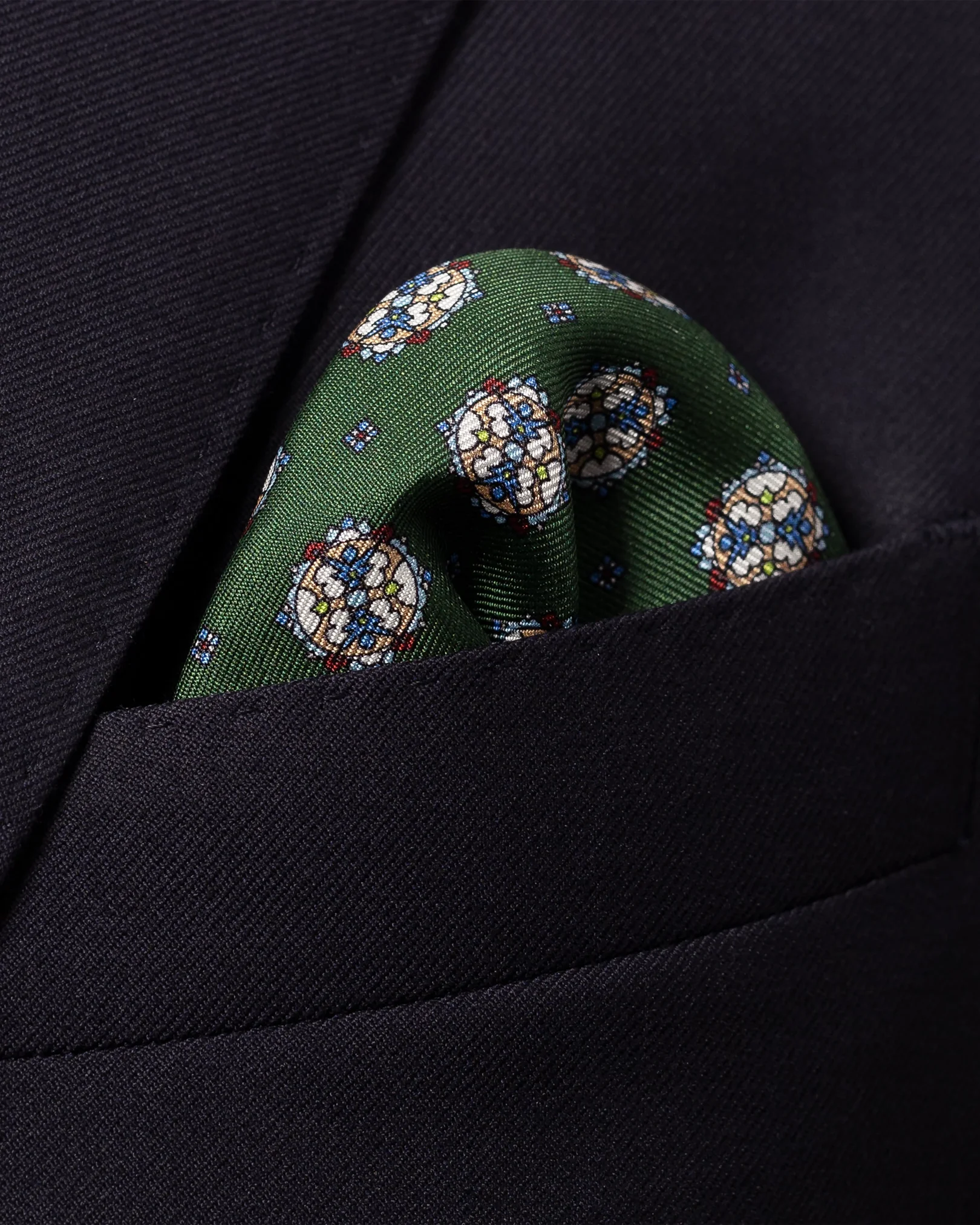 Eton - dark green medallion print silk pocket square