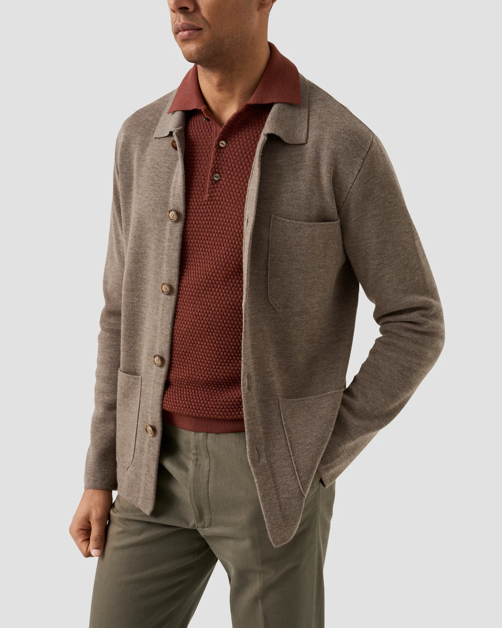 Eton - red merino structure long sleeve polo