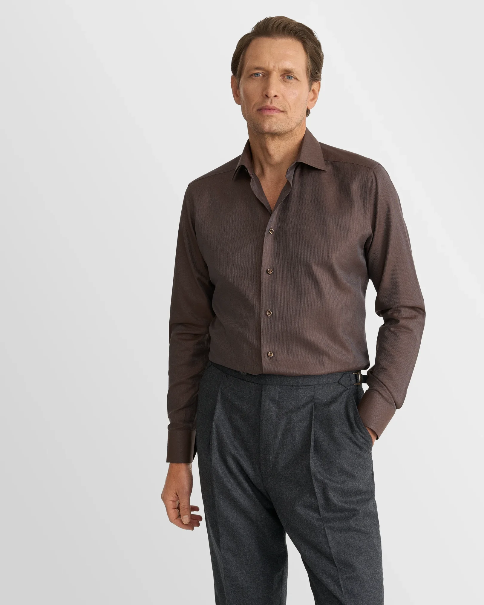 Eton - dark brown herringbone signature twill shirt