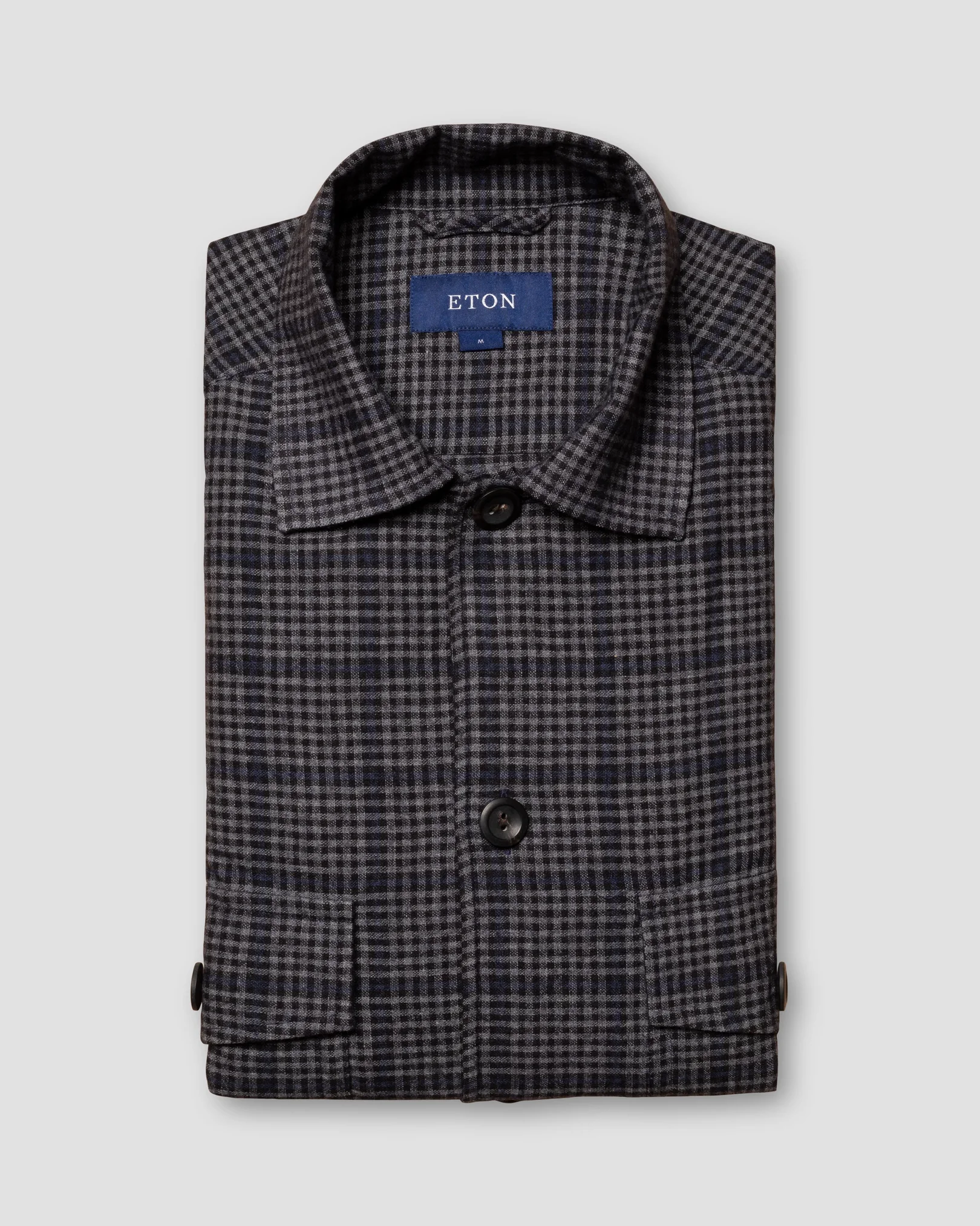 Eton - blue checked cotton wool cashmere overshirt turn down single cuff pointed strap regular aw
