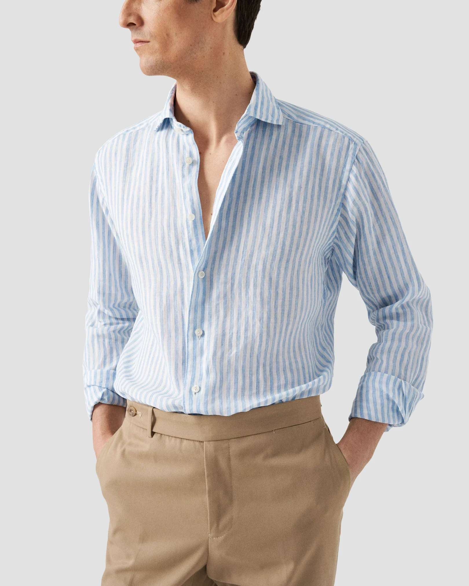 Eton - Chemise en lin à rayures bleu clair