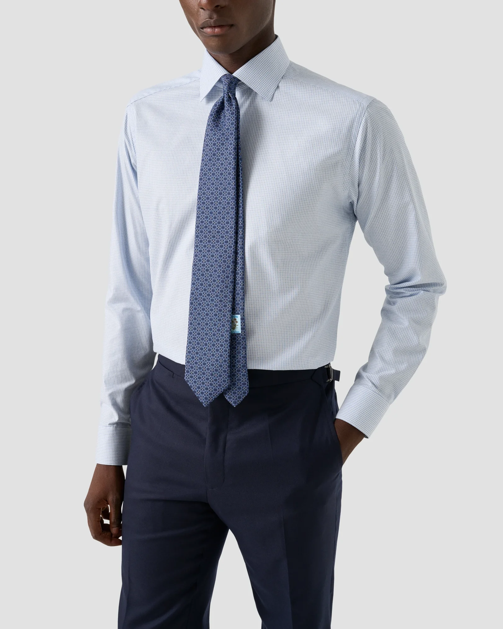 Eton - mid blue check twill shirt