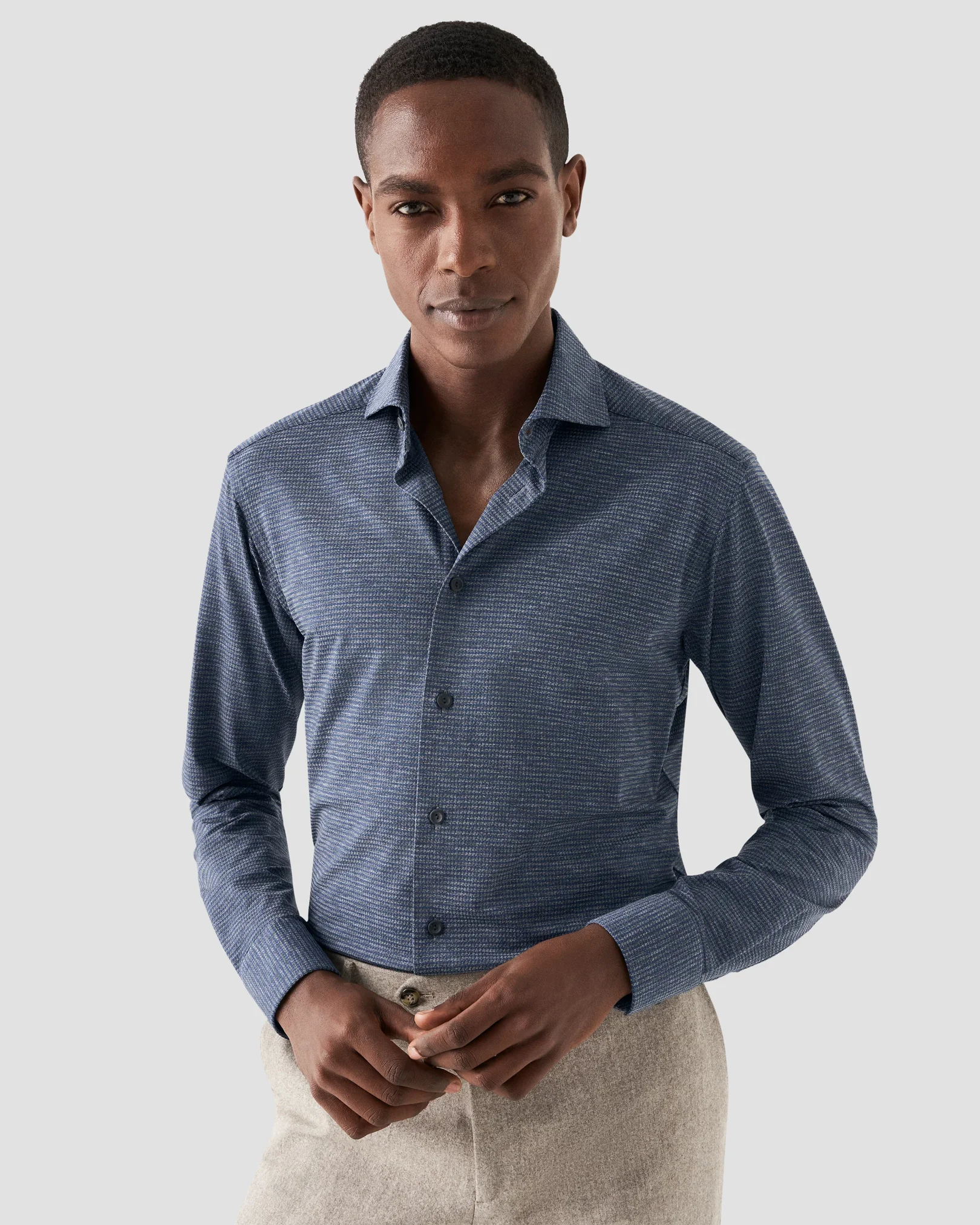 Eton - Chemise bleue stretch quatre-sens à motif pied-de-poule