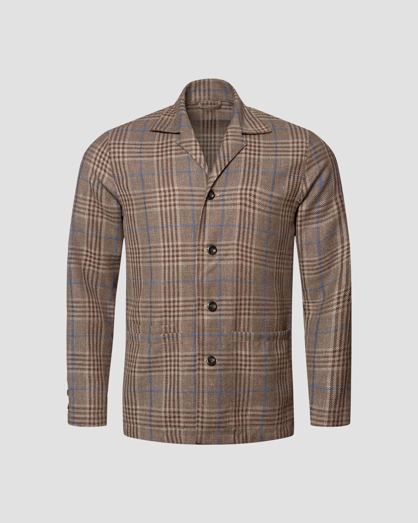 Brown Checked Wool-Silk-Linen Hopsack Overshirt