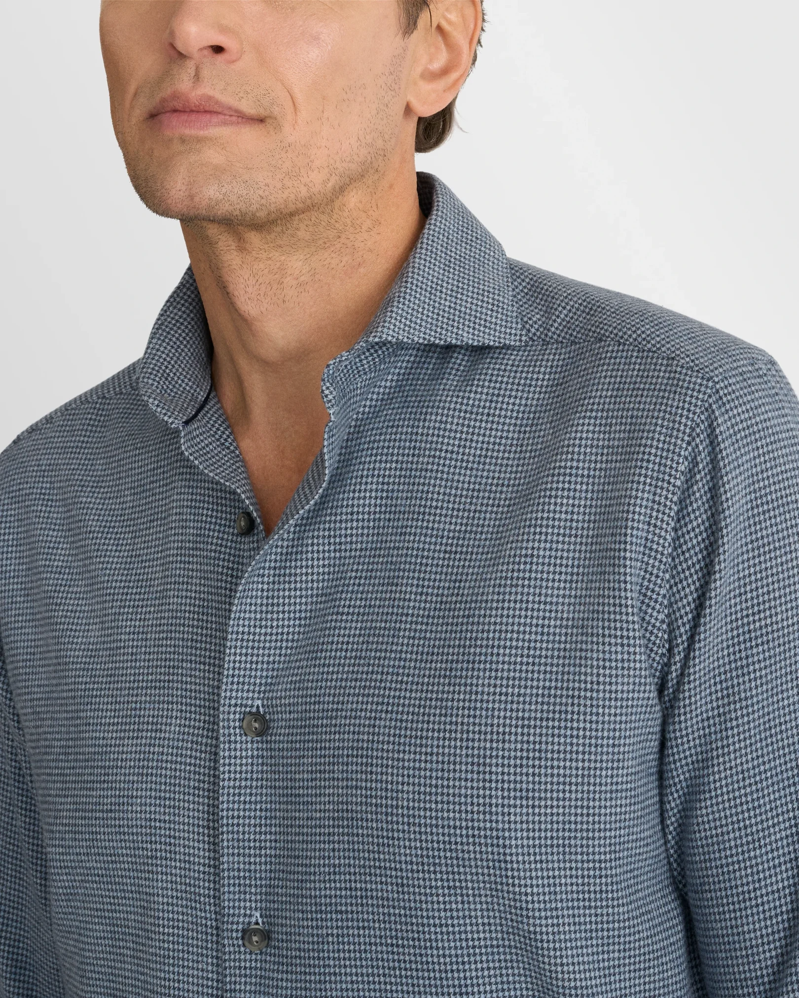 Eton - mid blue houndstooth check flannel shirt