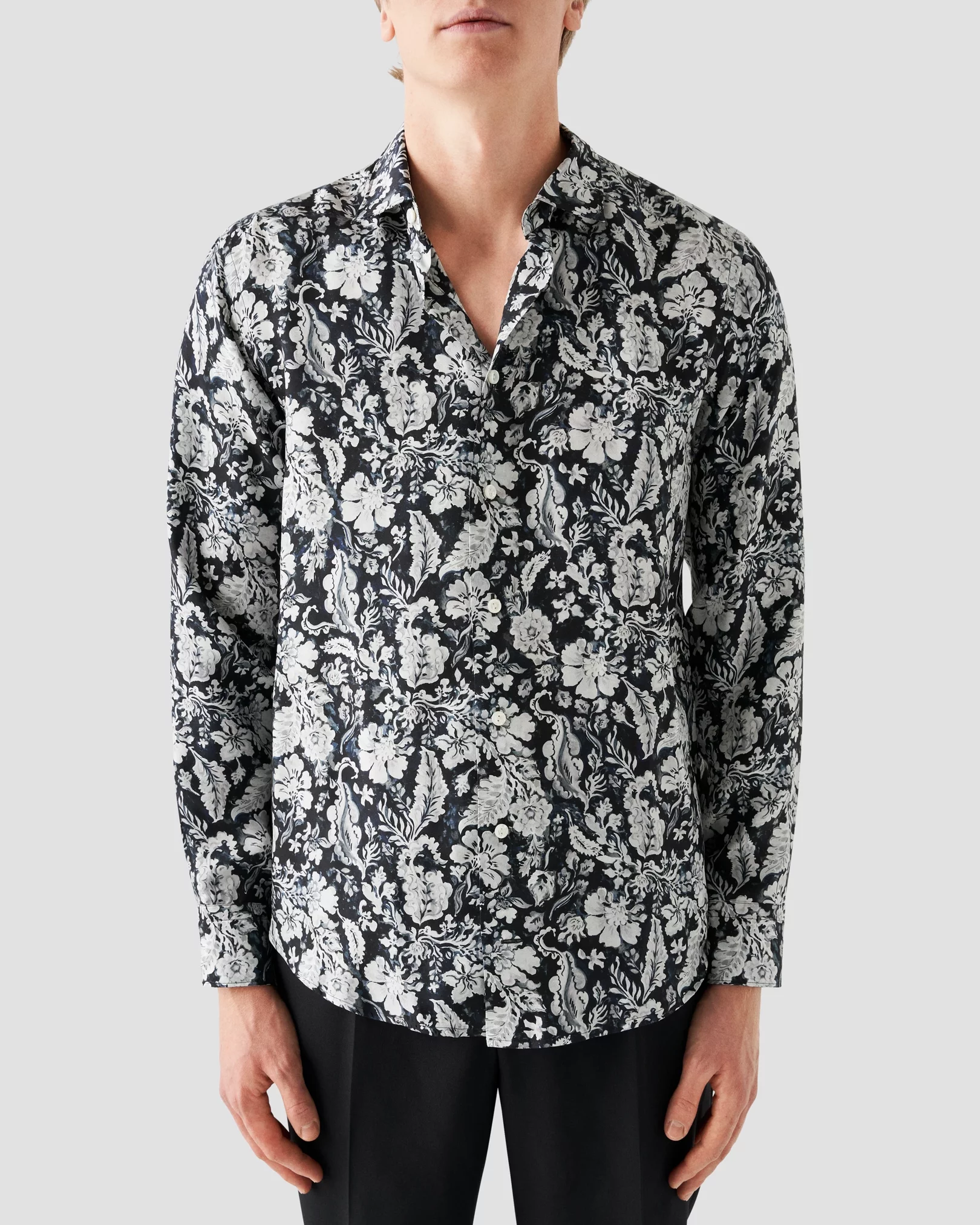 Navy Floral Print Silk Shirt - Eton