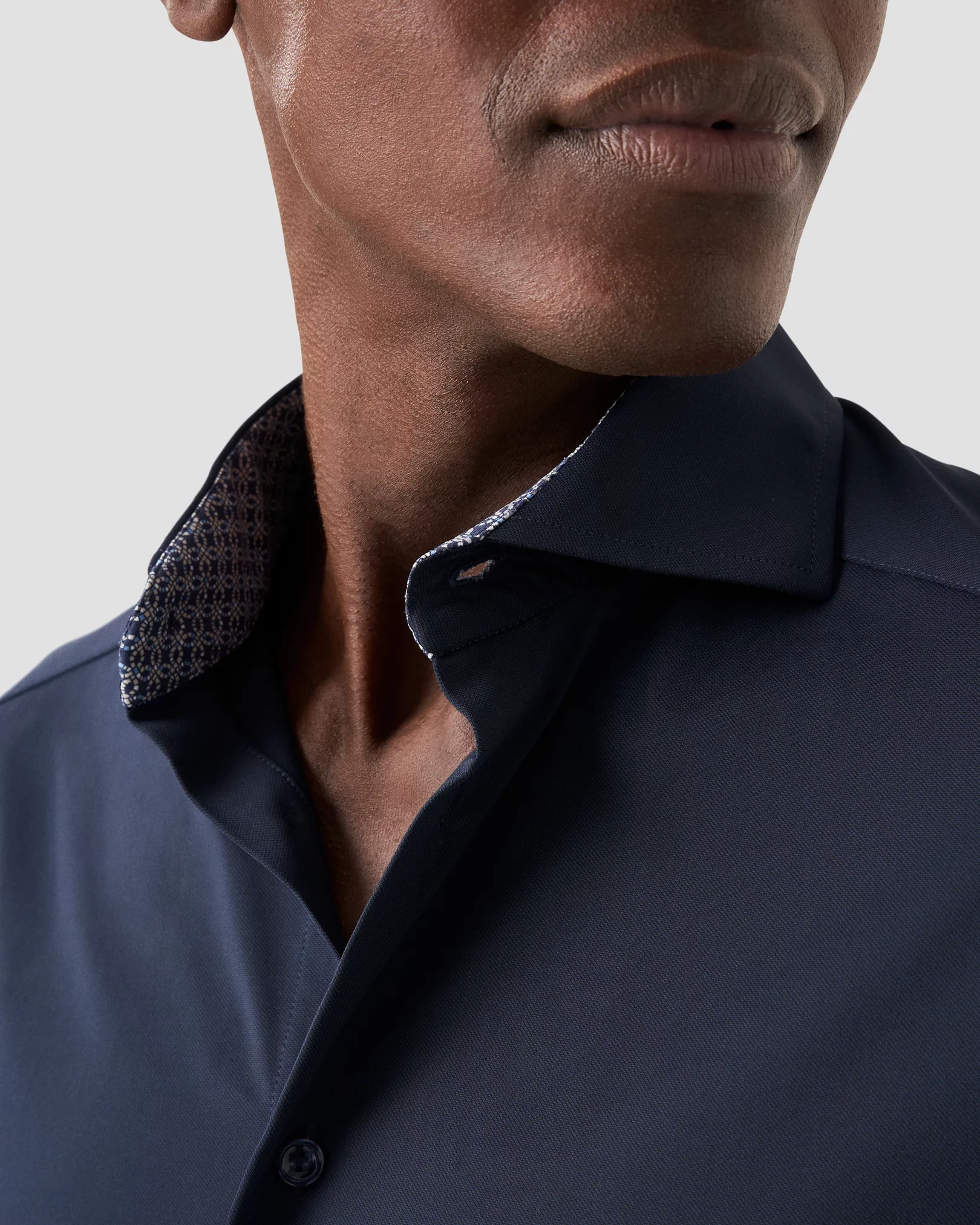 Navy Four-Way Stretch Shirt - Geometric Contrast Details - Eton
